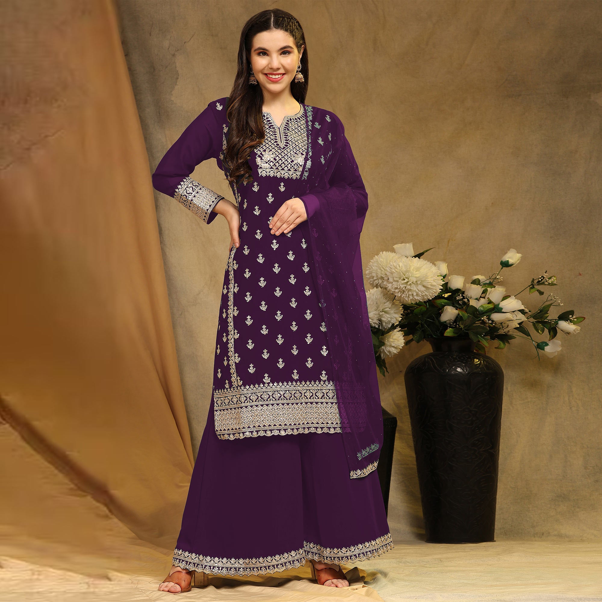 Purple Floral Embroidered Georgette Semi Stitched Suit