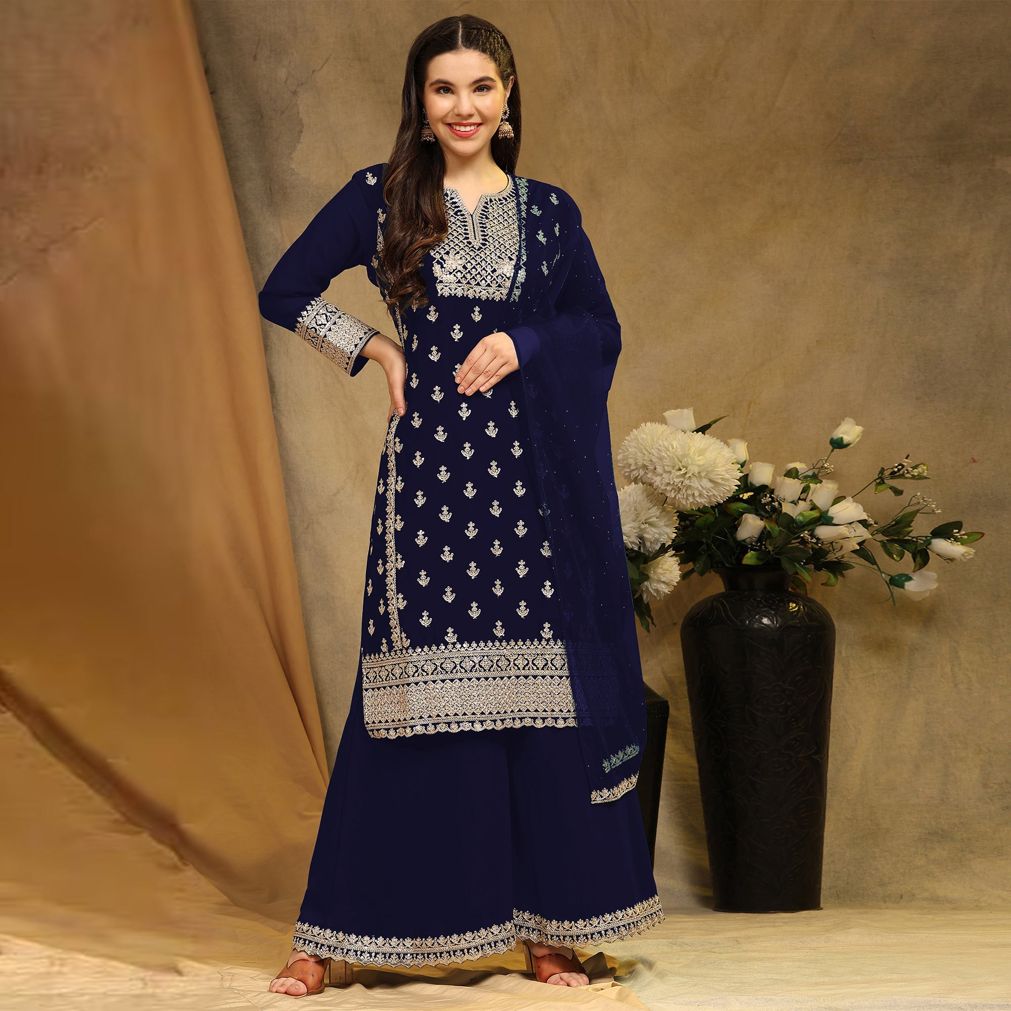 Blue Floral Embroidered Georgette Semi Stitched Suit