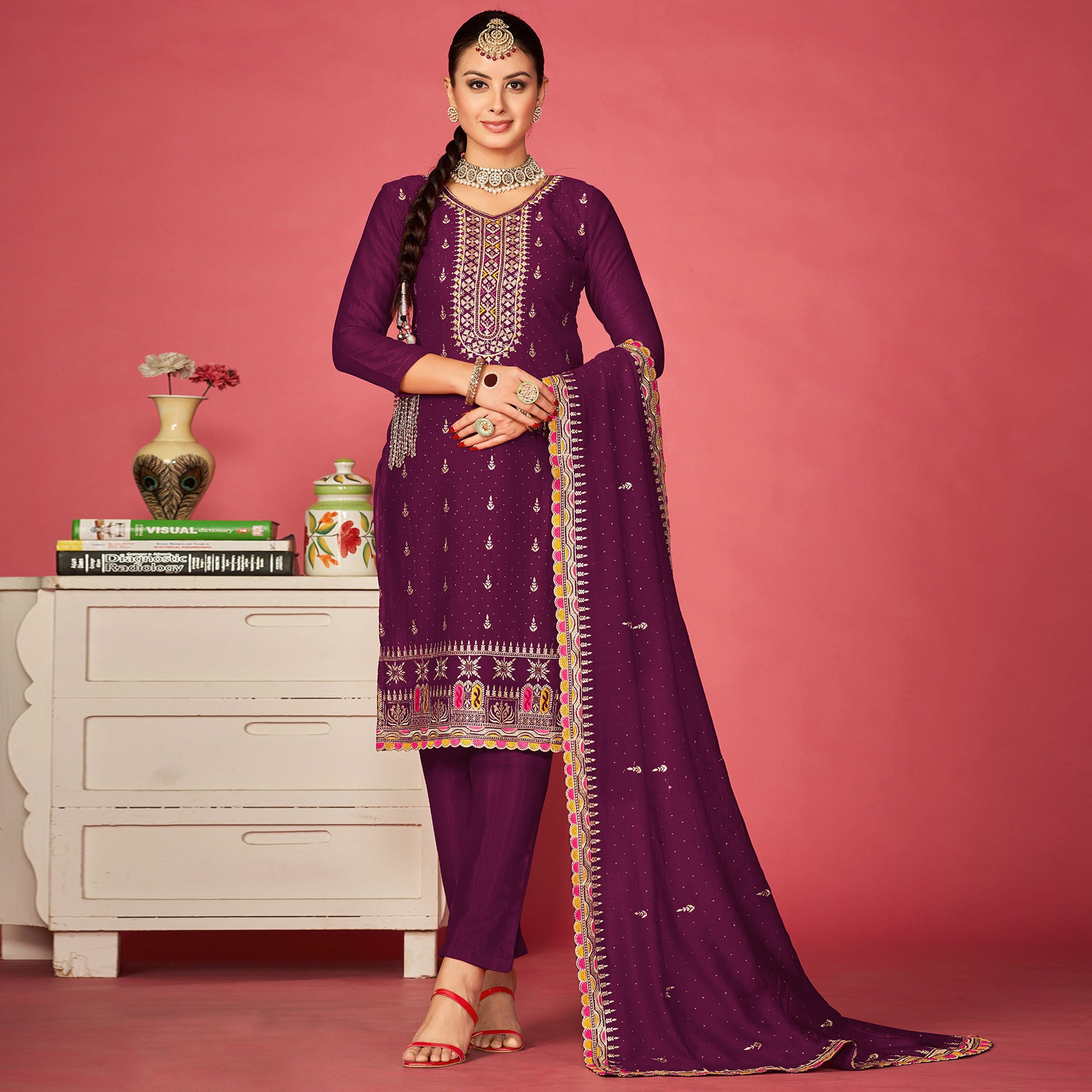 Purple Embroidered With Swarovski Vichitra Silk Semi Stitched Suit