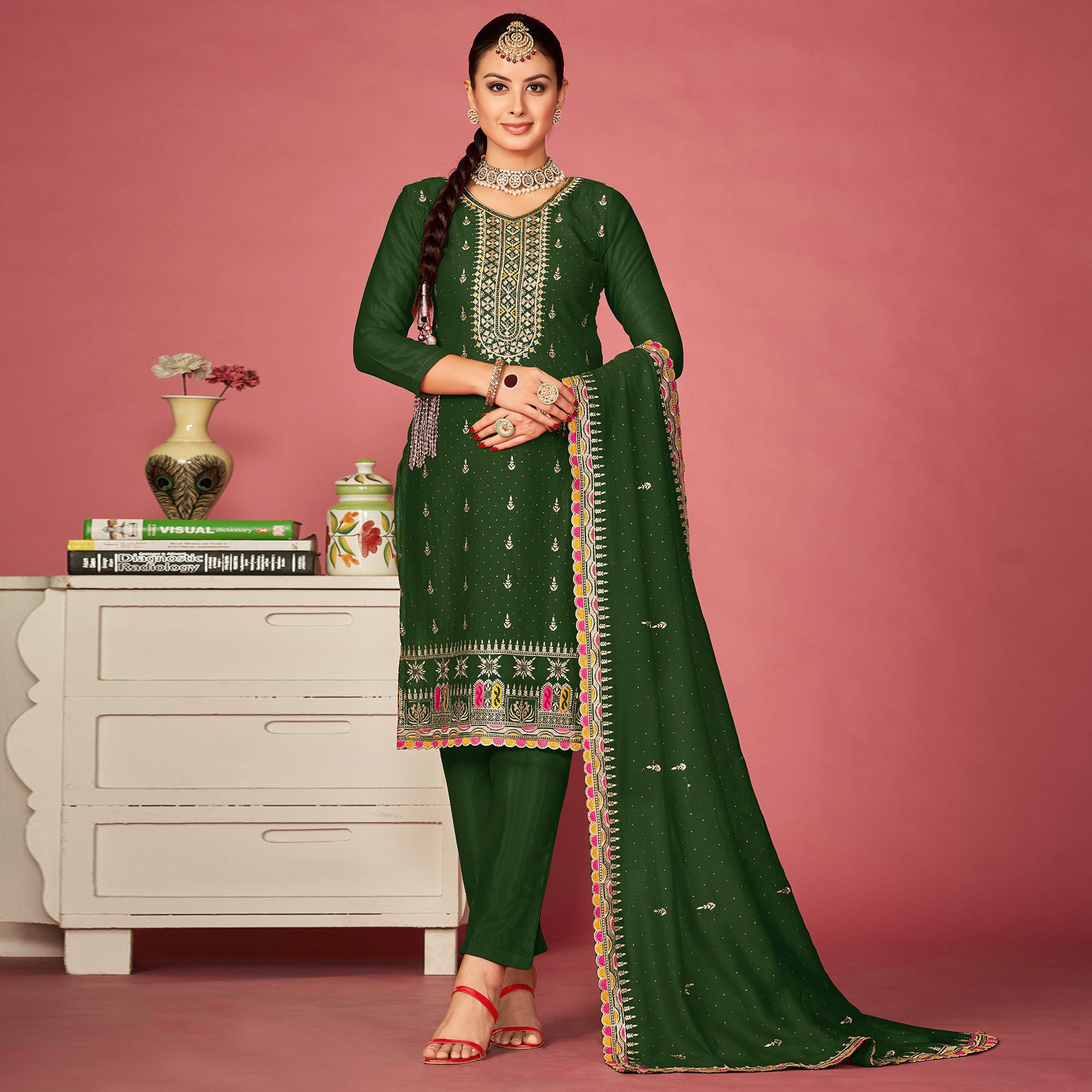 Green Embroidered With Swarovski Vichitra Silk Semi Stitched Suit