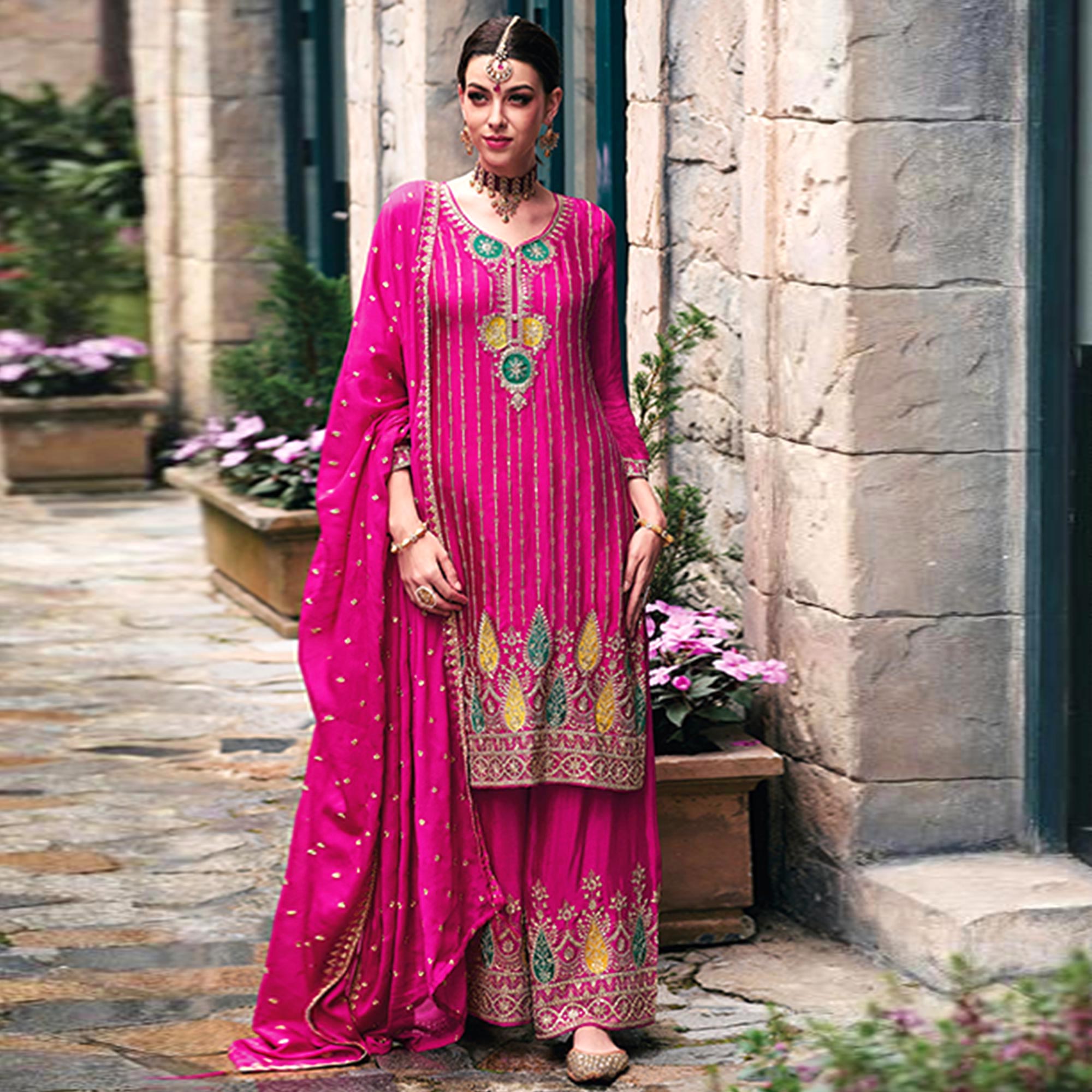 Pink Floral Embroidered Chinon Semi Stitched Suit