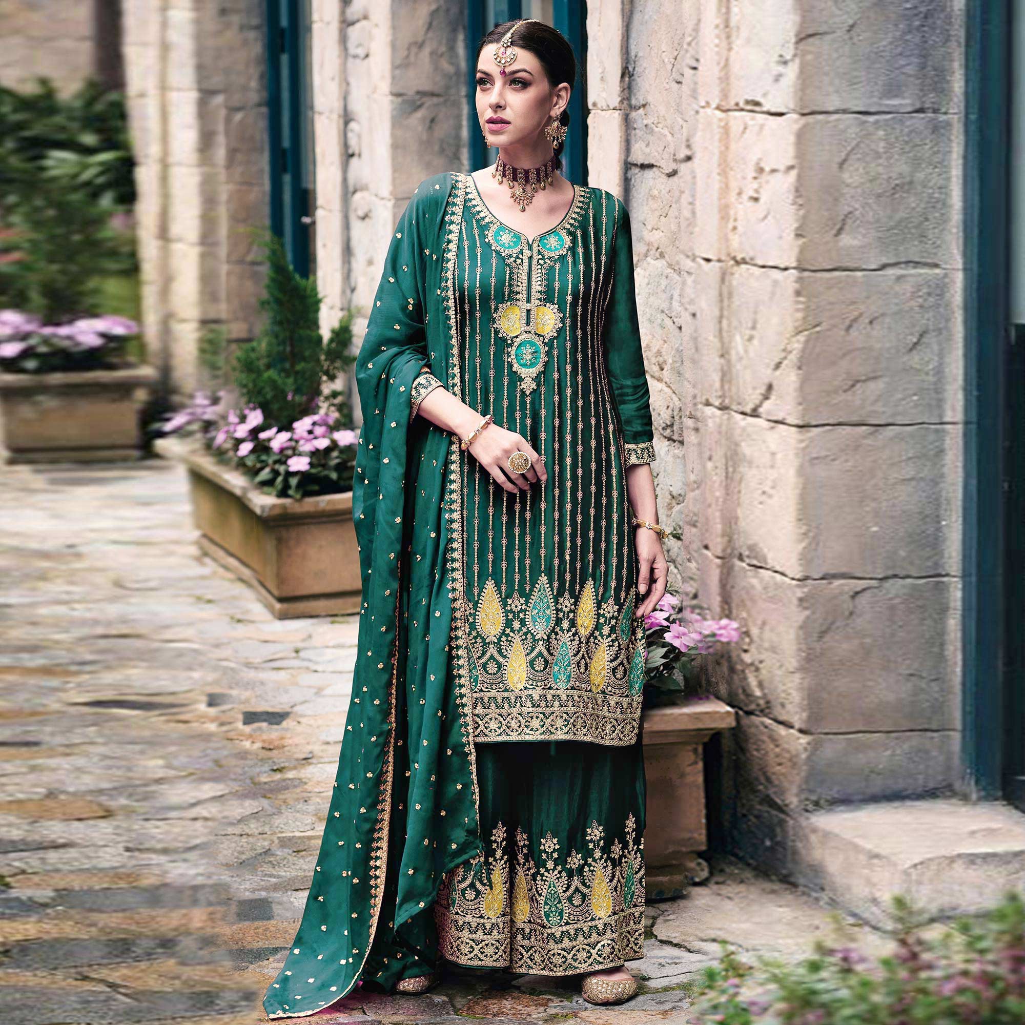 Green Floral Embroidered Chinon Semi Stitched Suit
