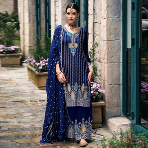 Blue Floral Embroidered Chinon Semi Stitched Suit