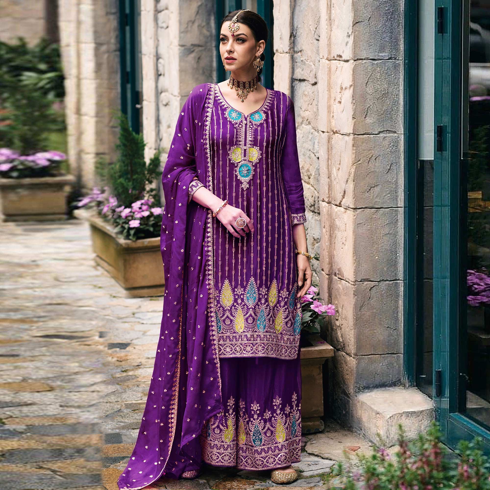 Purple Floral Embroidered Chinon Semi Stitched Suit