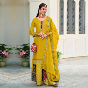 Yellow Embroidered Georgette Semi Stitched Palazzo Suit