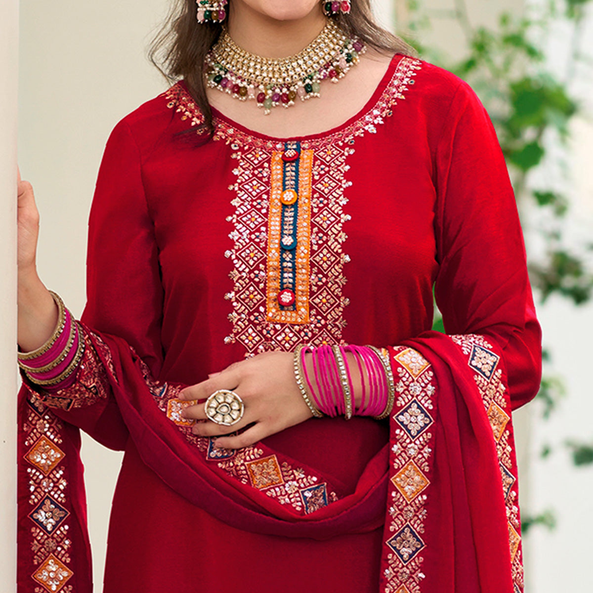 Red Embroidered Georgette Semi Stitched Palazzo Suit