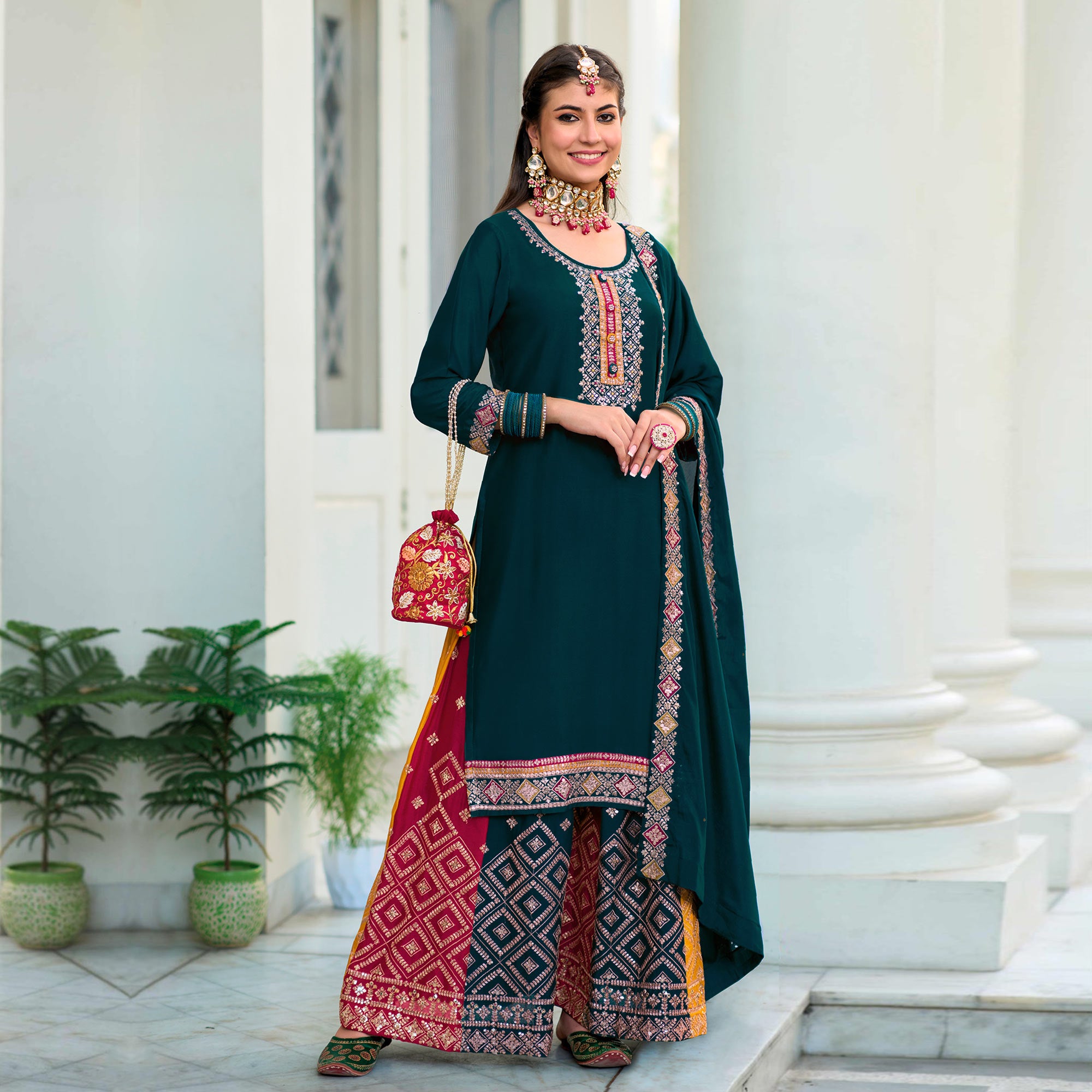 Aqua Blue Embroidered Georgette Semi Stitched Palazzo Suit