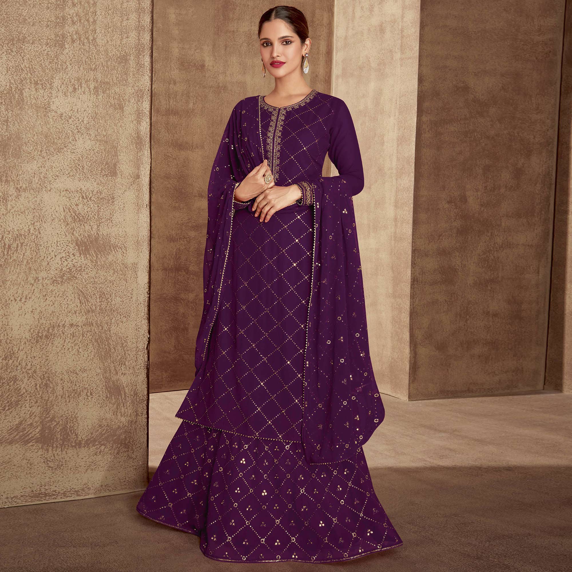 Purple Sequins Embroidered Georgette Semi Stitched Palazzo Suit