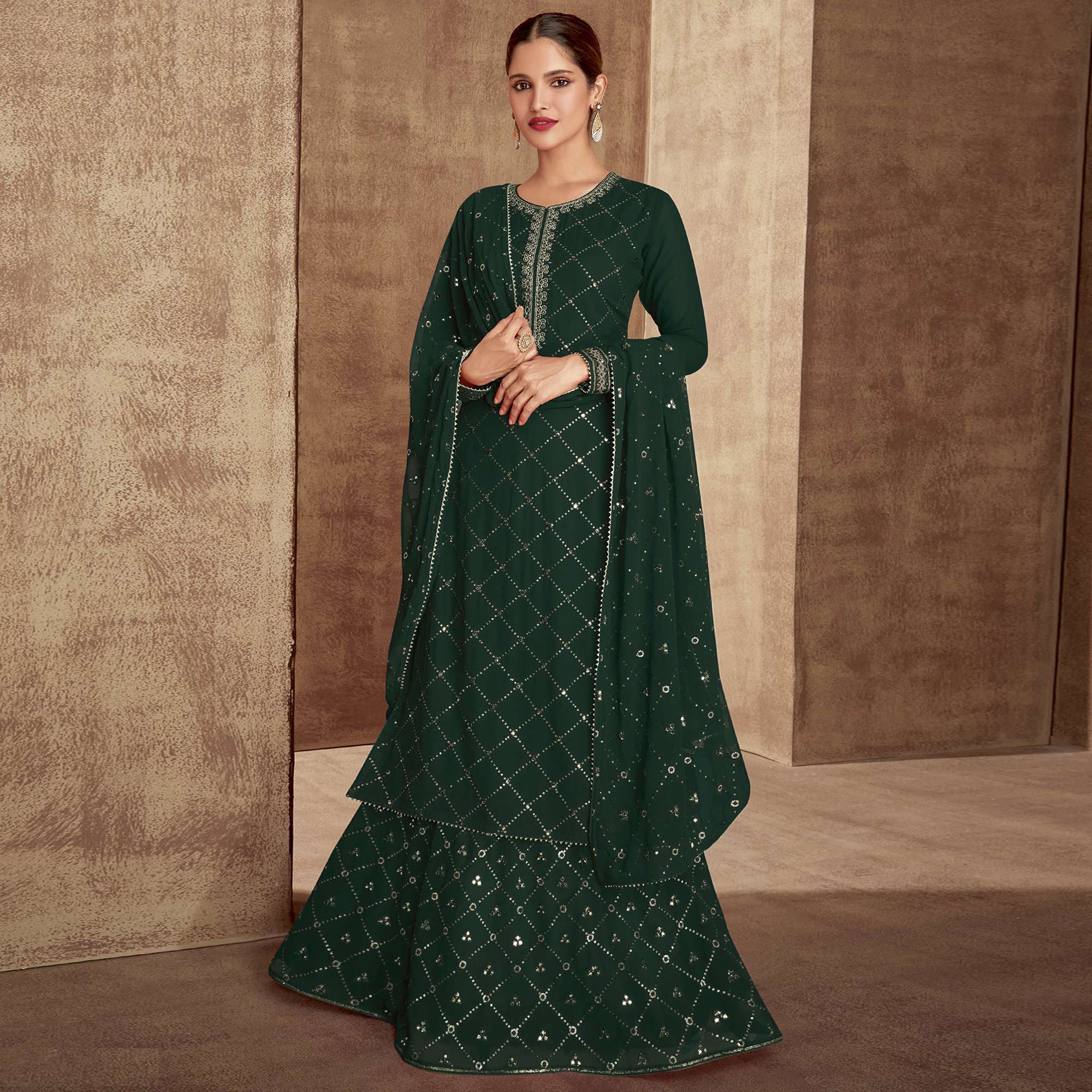 Green Sequins Embroidered Georgette Semi Stitched Palazzo Suit