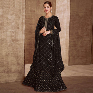 Black Sequins Embroidered Georgette Semi Stitched Palazzo Suit