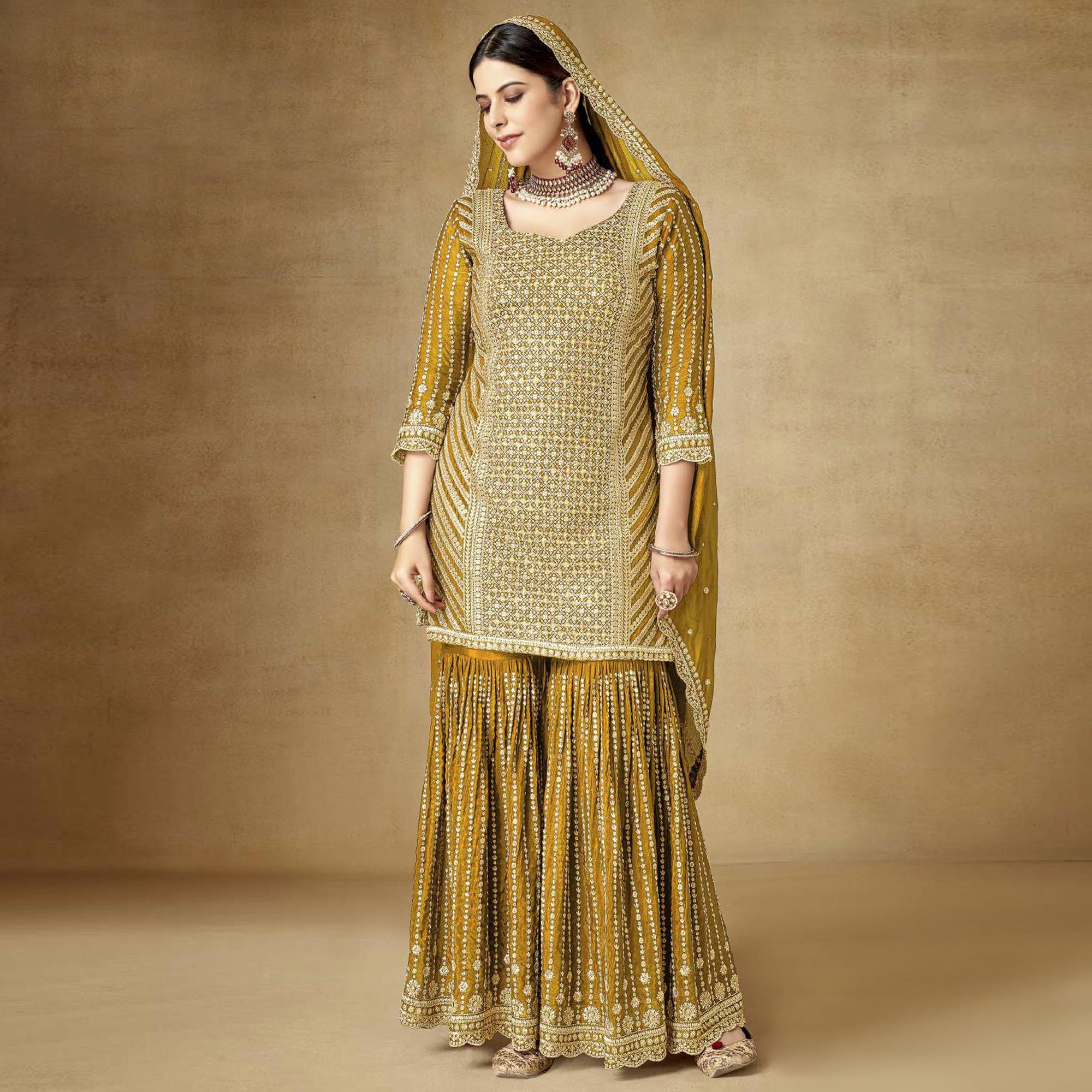 Mustard Sequins Embroidered Chinon Semi Stitched Sharara Suit