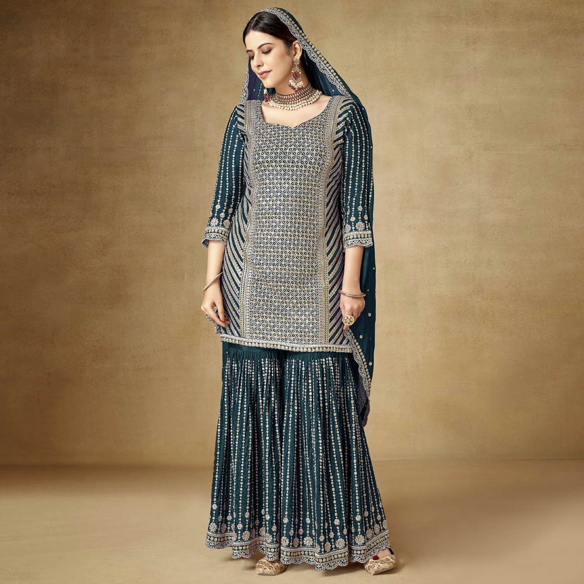 Teal Sequins Embroidered Chinon Semi Stitched Sharara Suit