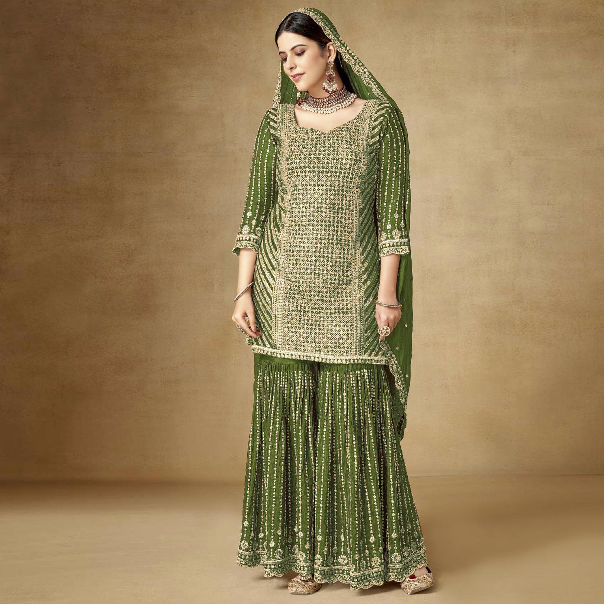 Green Sequins Embroidered Chinon Semi Stitched Sharara Suit