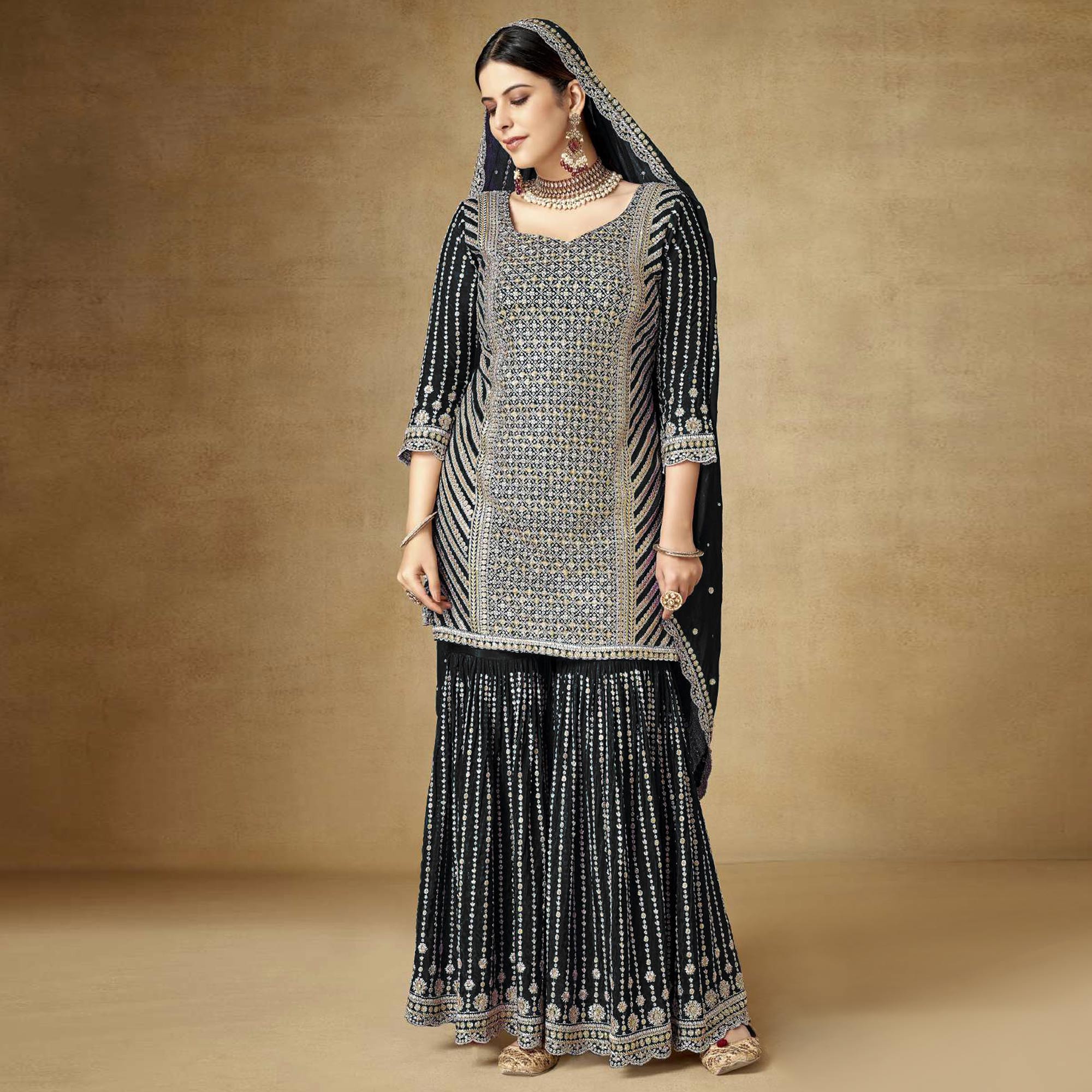 Black Sequins Embroidered Chinon Semi Stitched Sharara Suit