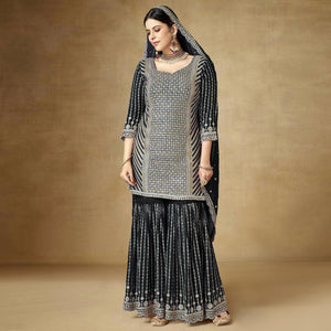 Black Sequins Embroidered Chinon Semi Stitched Sharara Suit
