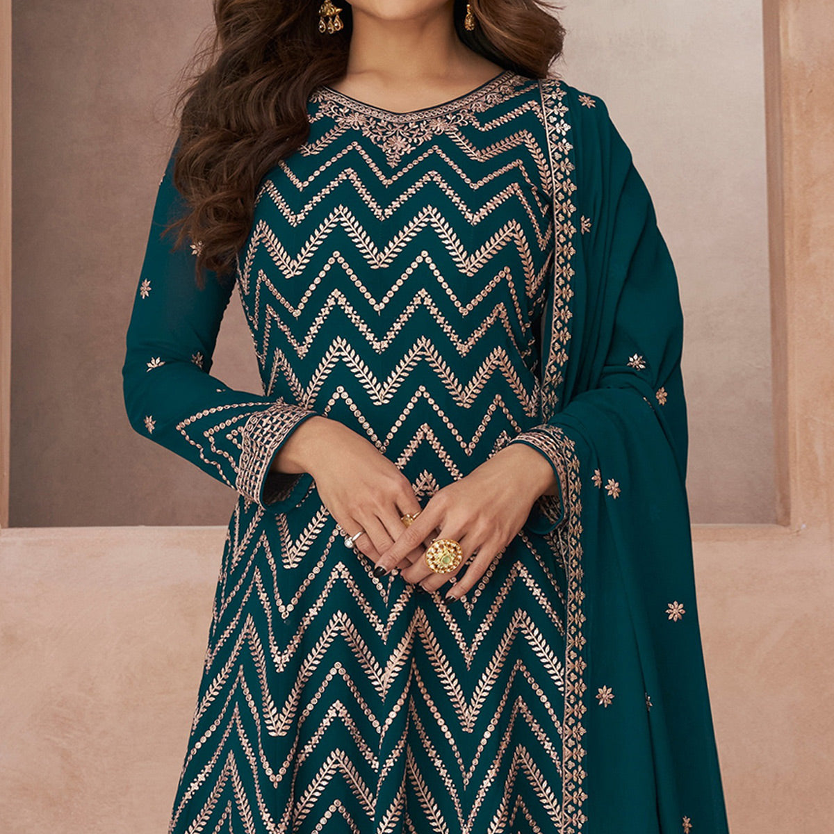 Teal Floral Embroidered Georgette Semi Stitched Suit