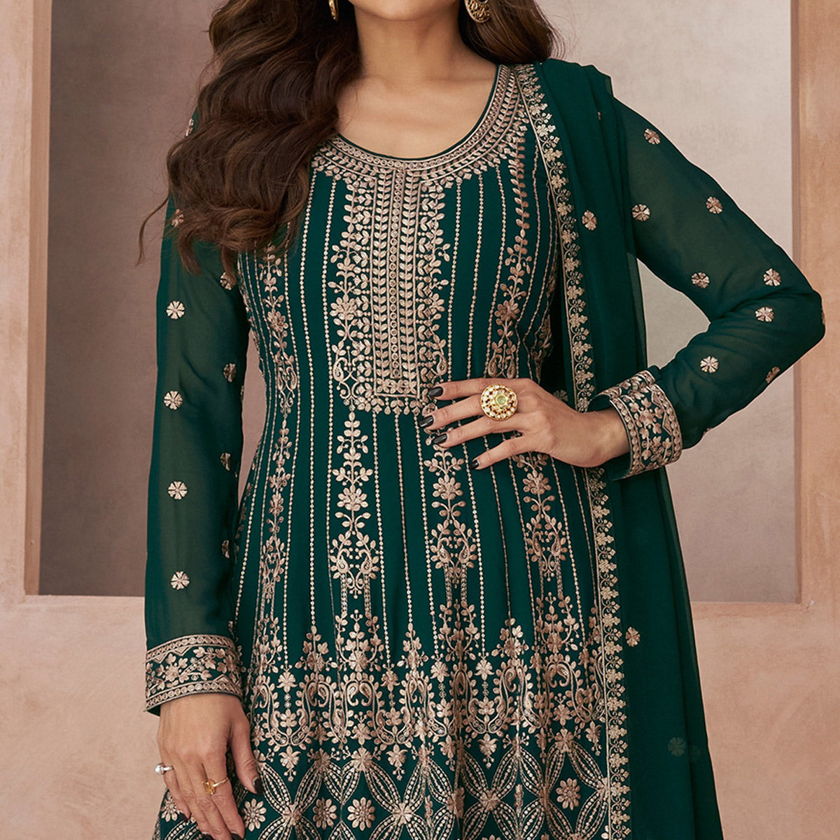 Green Floral Embroidered Georgette Semi Stitched Suit
