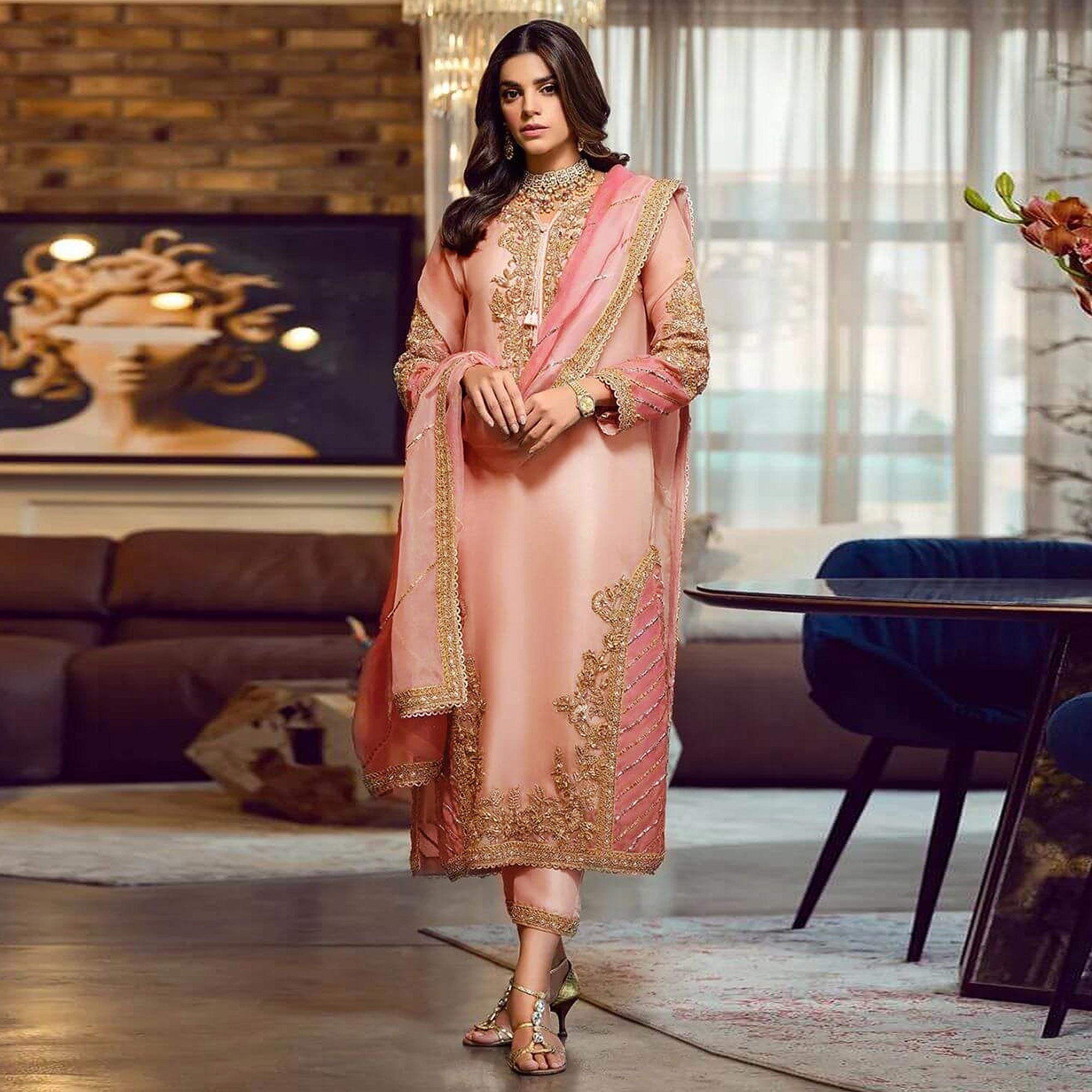 Peach Floral Embroidered Georgette Semi Stitched Pakistani Suit