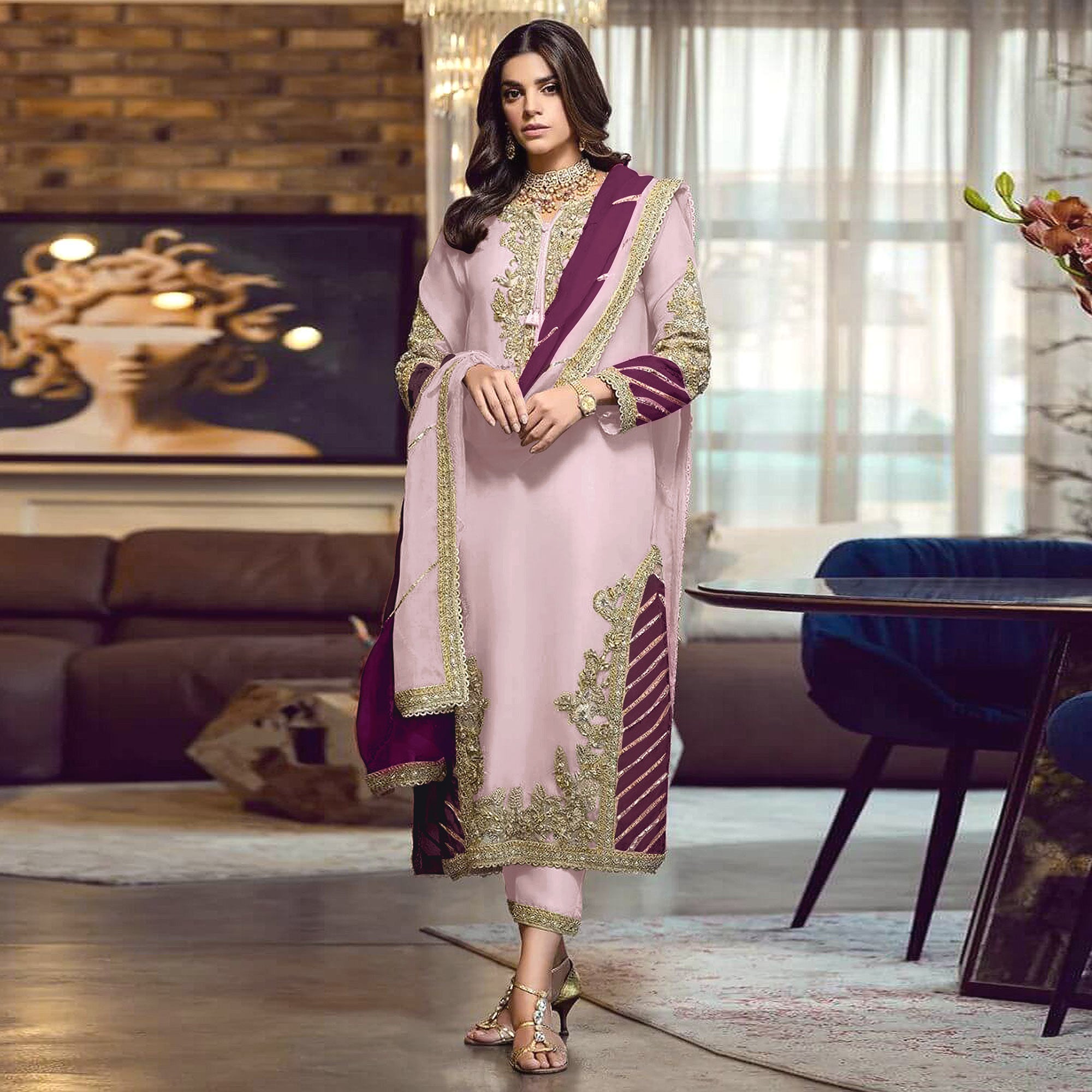 Pink Floral Embroidered Georgette Semi Stitched Pakistani Suit