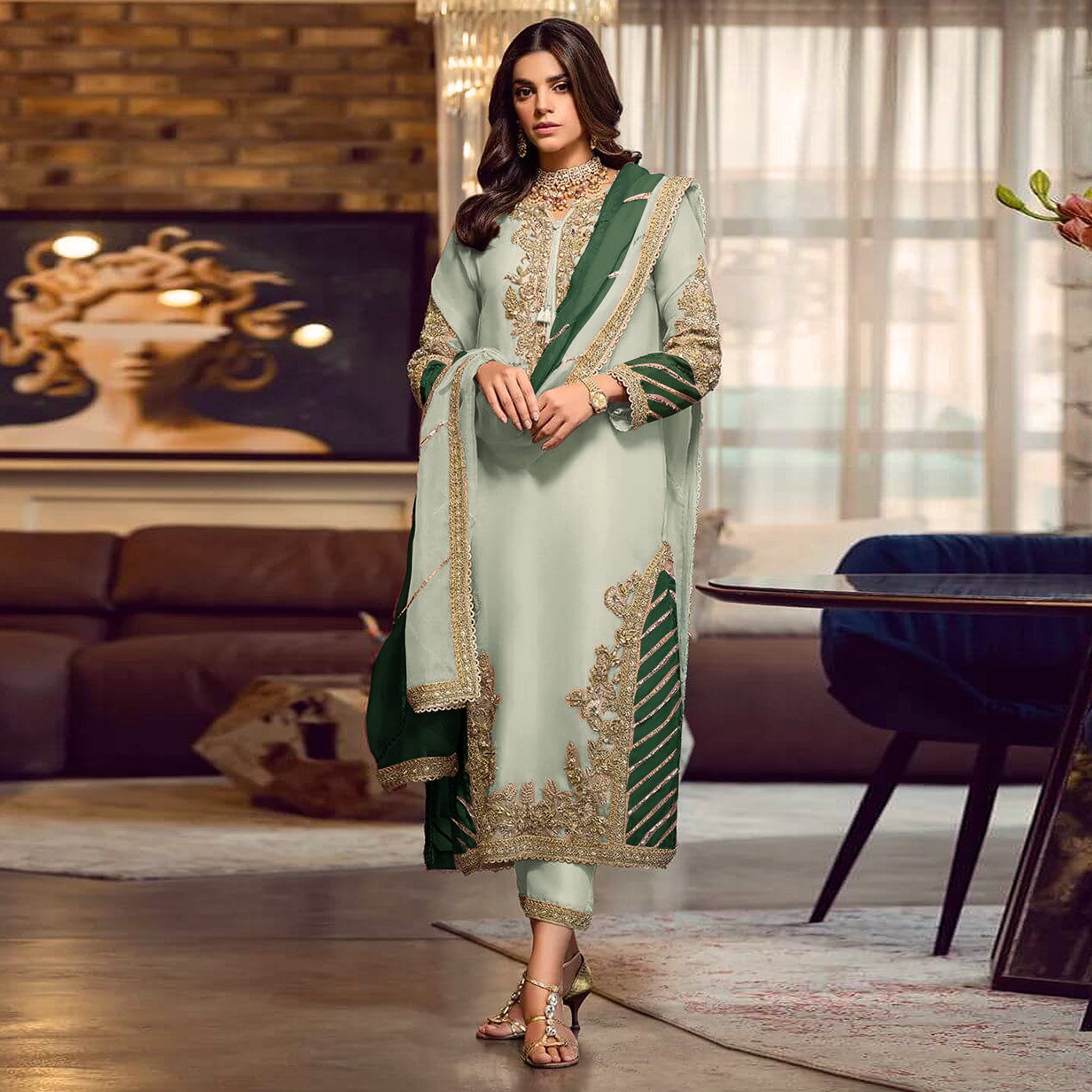 Green Floral Embroidered Georgette Semi Stitched Pakistani Suit