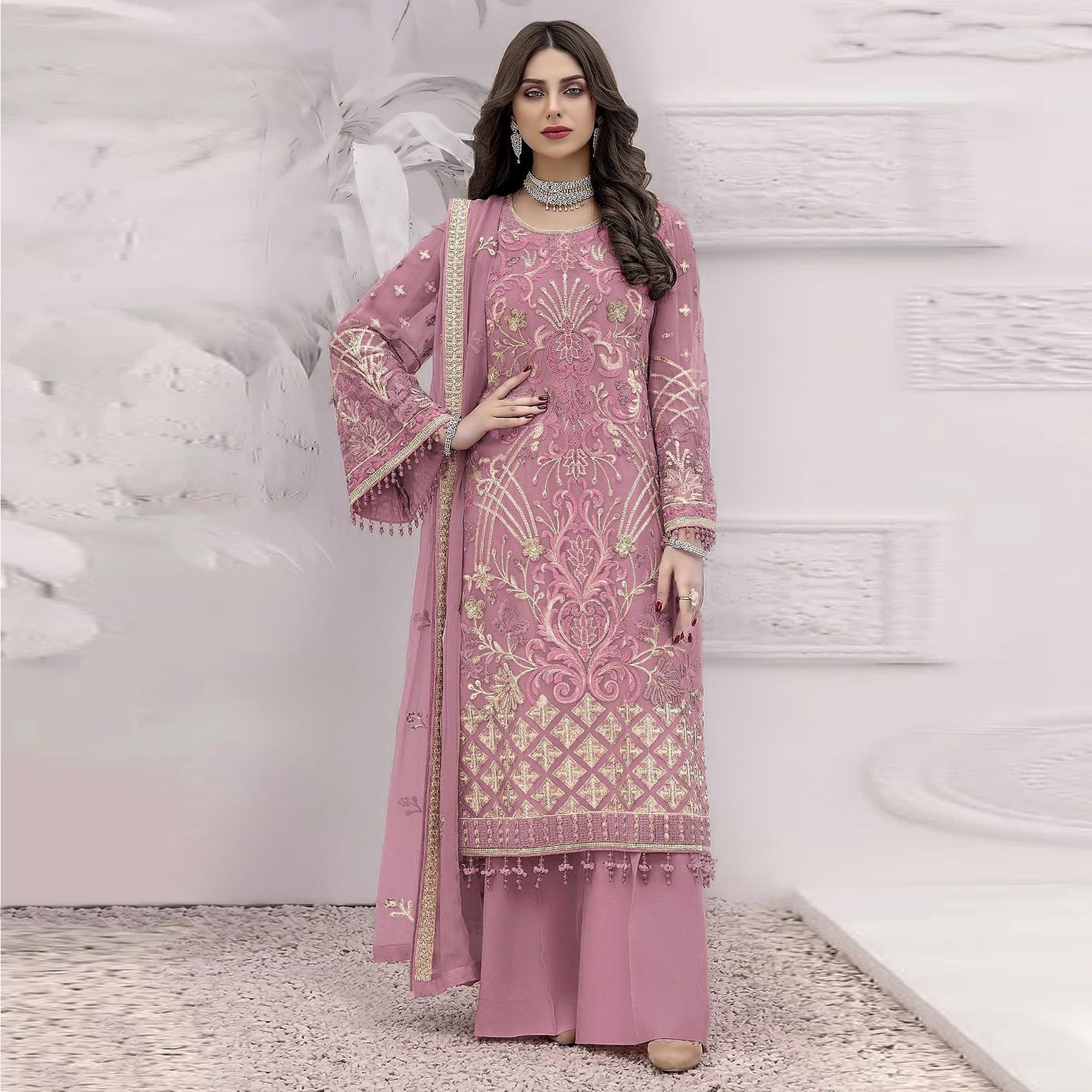 Pastel Pink Floral Embroidered Georgette Semi Stitched Pakistani Suit