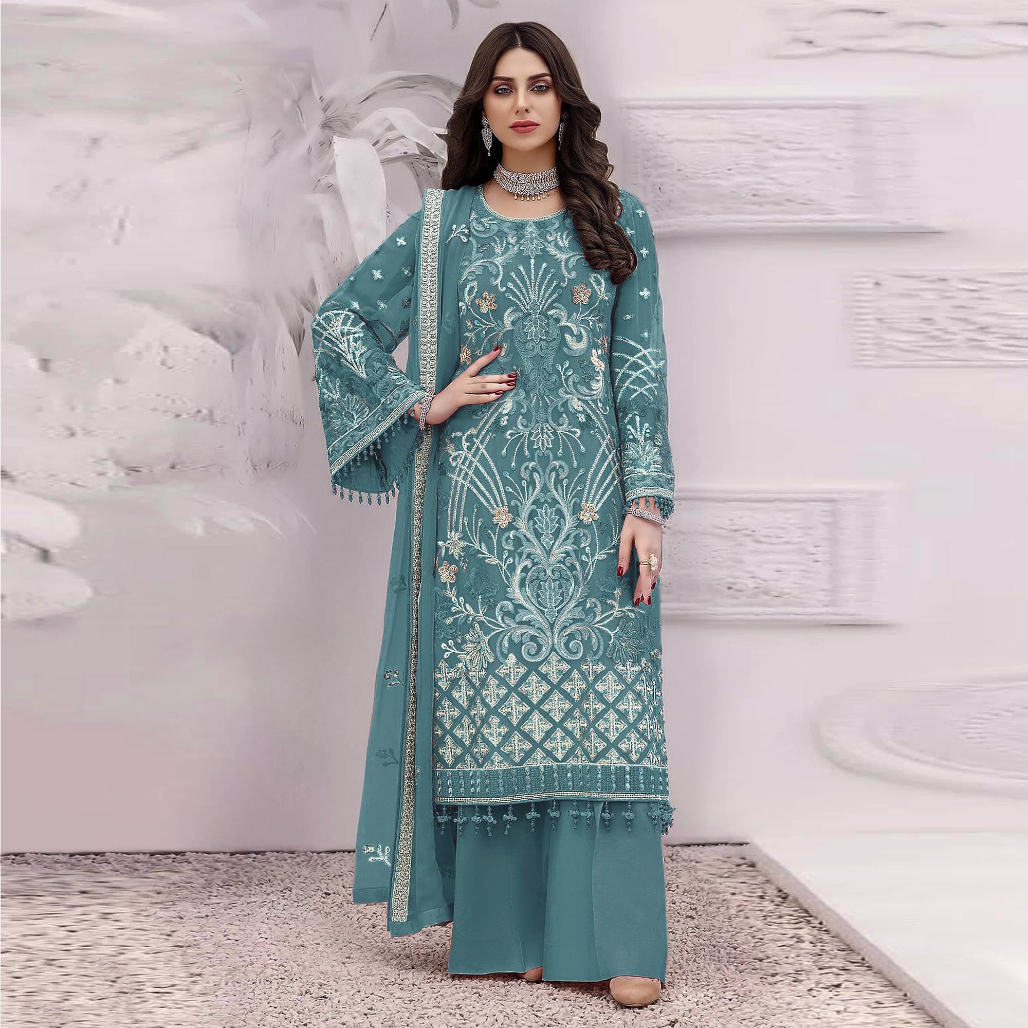 Sky Blue Floral Embroidered Georgette Semi Stitched Pakistani Suit