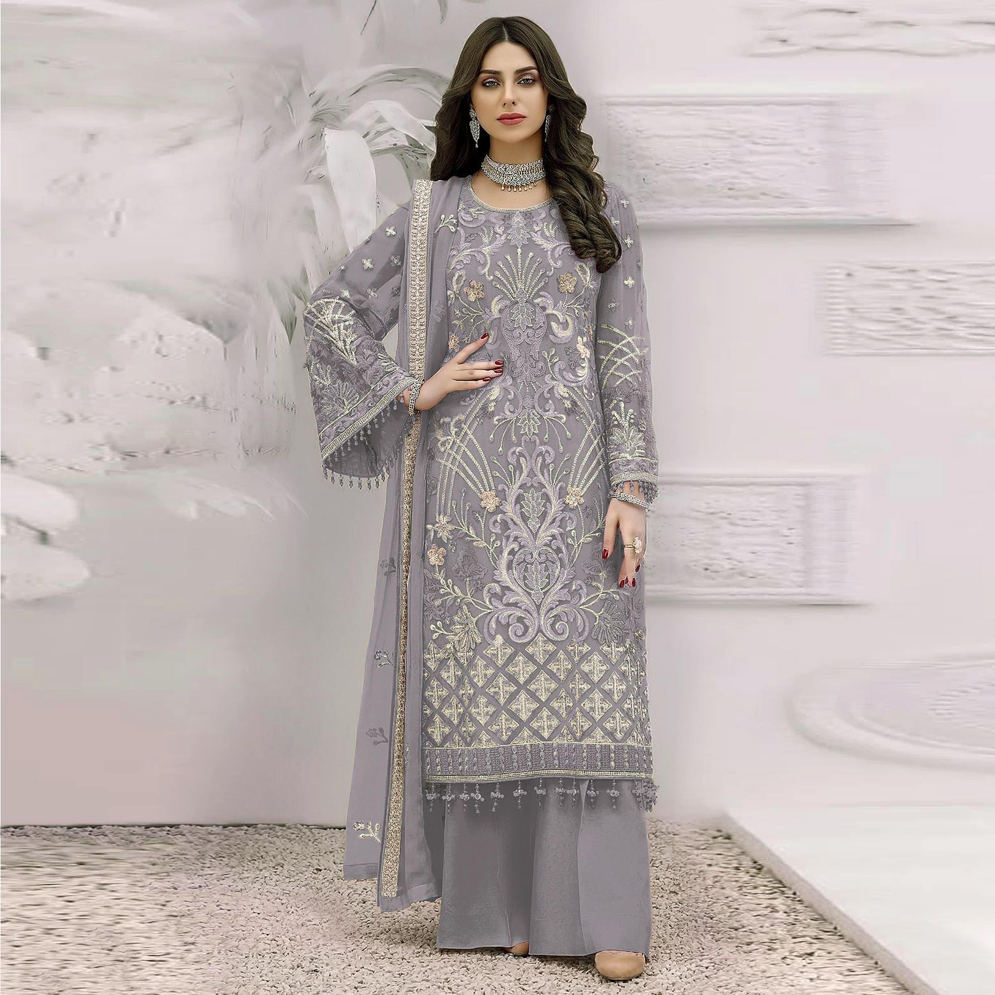 Violet Floral Embroidered Georgette Semi Stitched Pakistani Suit