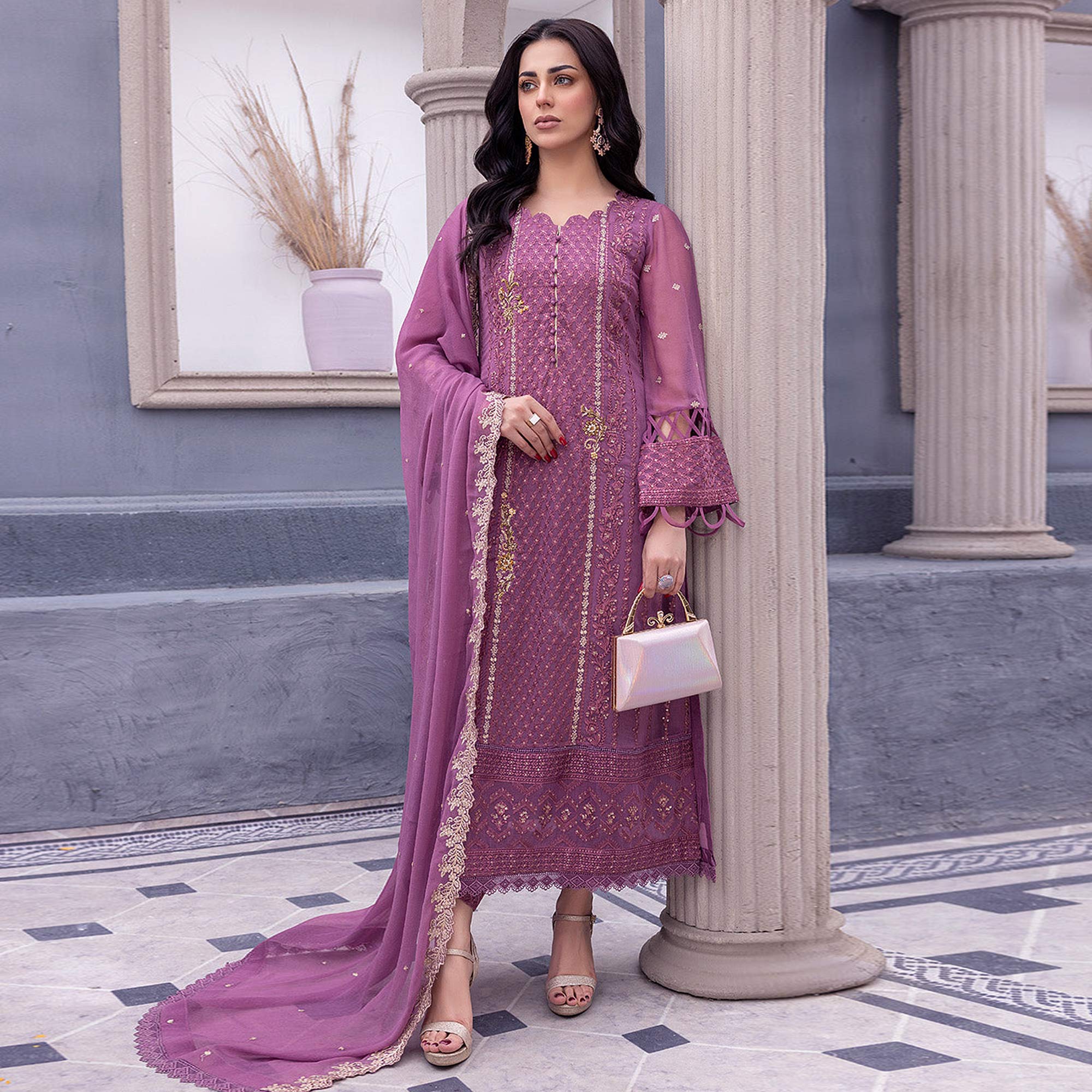 Purple Floral Embroidered Georgette Semi Stitched Pakistani Suit