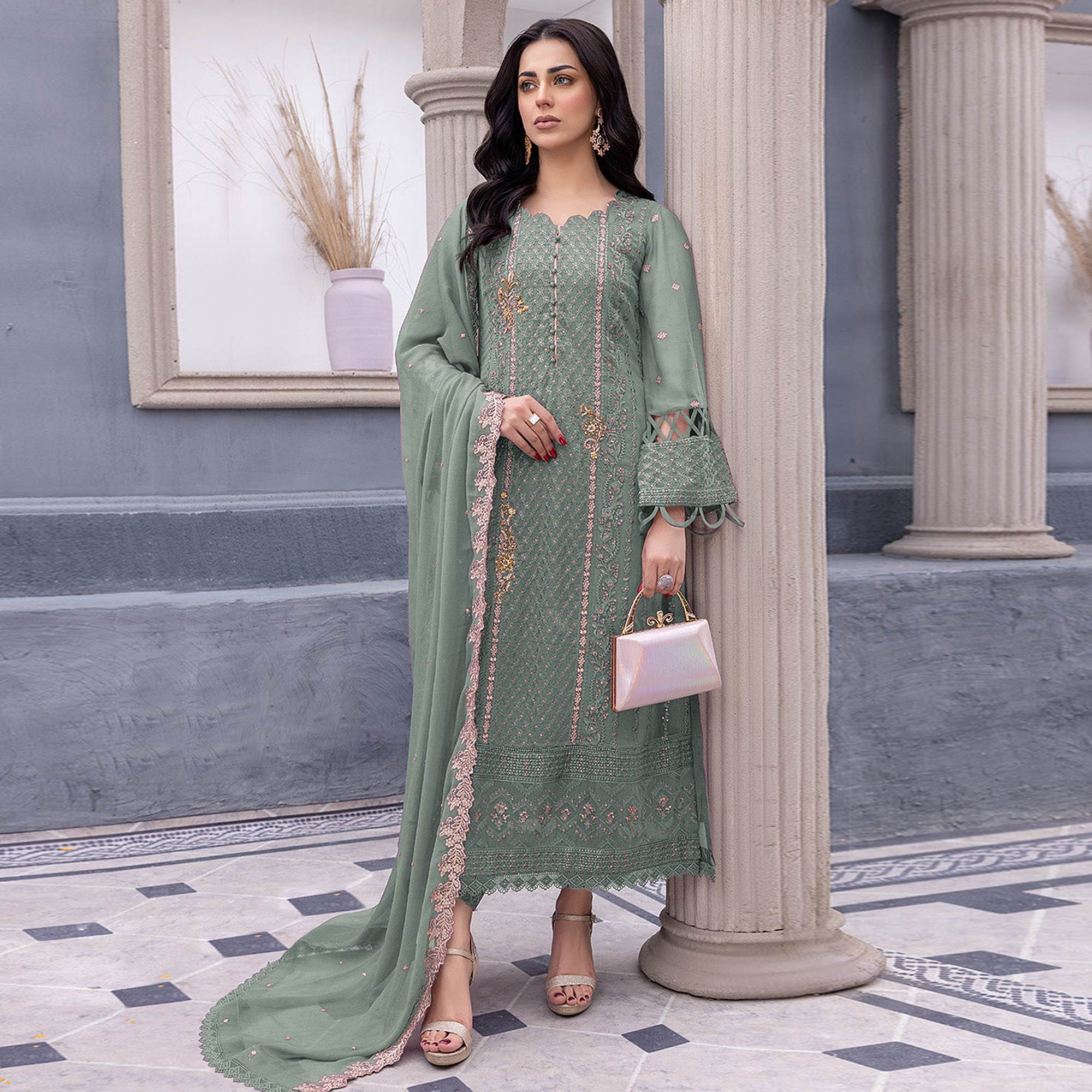 Green Floral Embroidered Georgette Semi Stitched Pakistani Suit