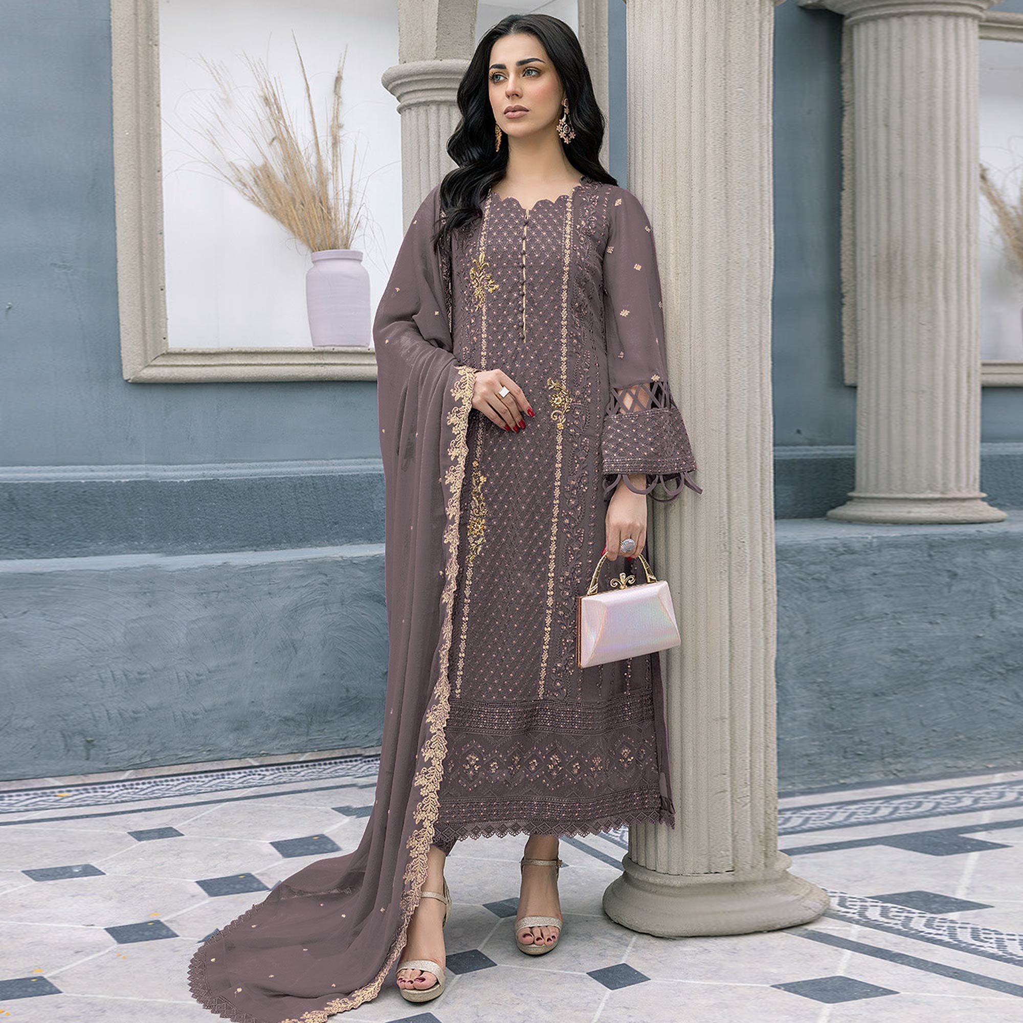 Brownish Mauve Floral Embroidered Georgette Semi Stitched Pakistani Suit