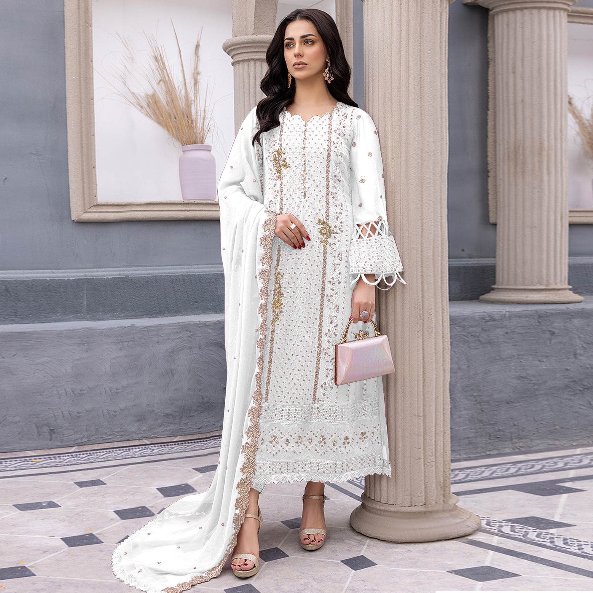 White Floral Embroidered Georgette Semi Stitched Pakistani Suit