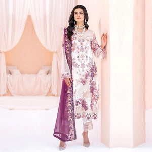 White & Purple Floral Embroidered Georgette Semi Stitched Pakistani Suit