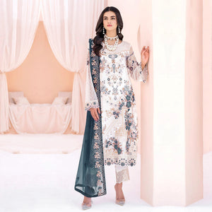 White & Blue Floral Embroidered Georgette Semi Stitched Pakistani Suit