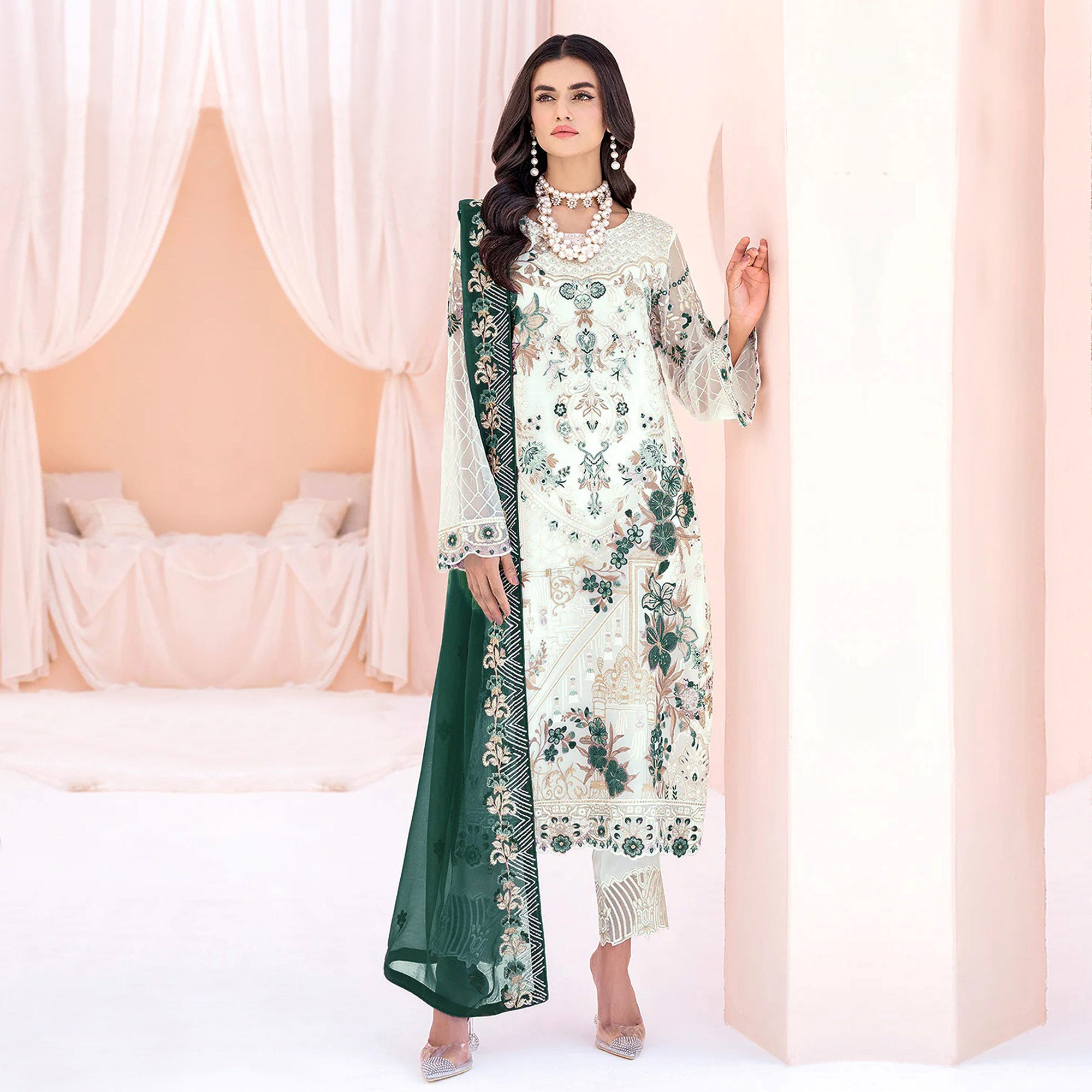 White & Green Floral Embroidered Georgette Semi Stitched Pakistani Suit