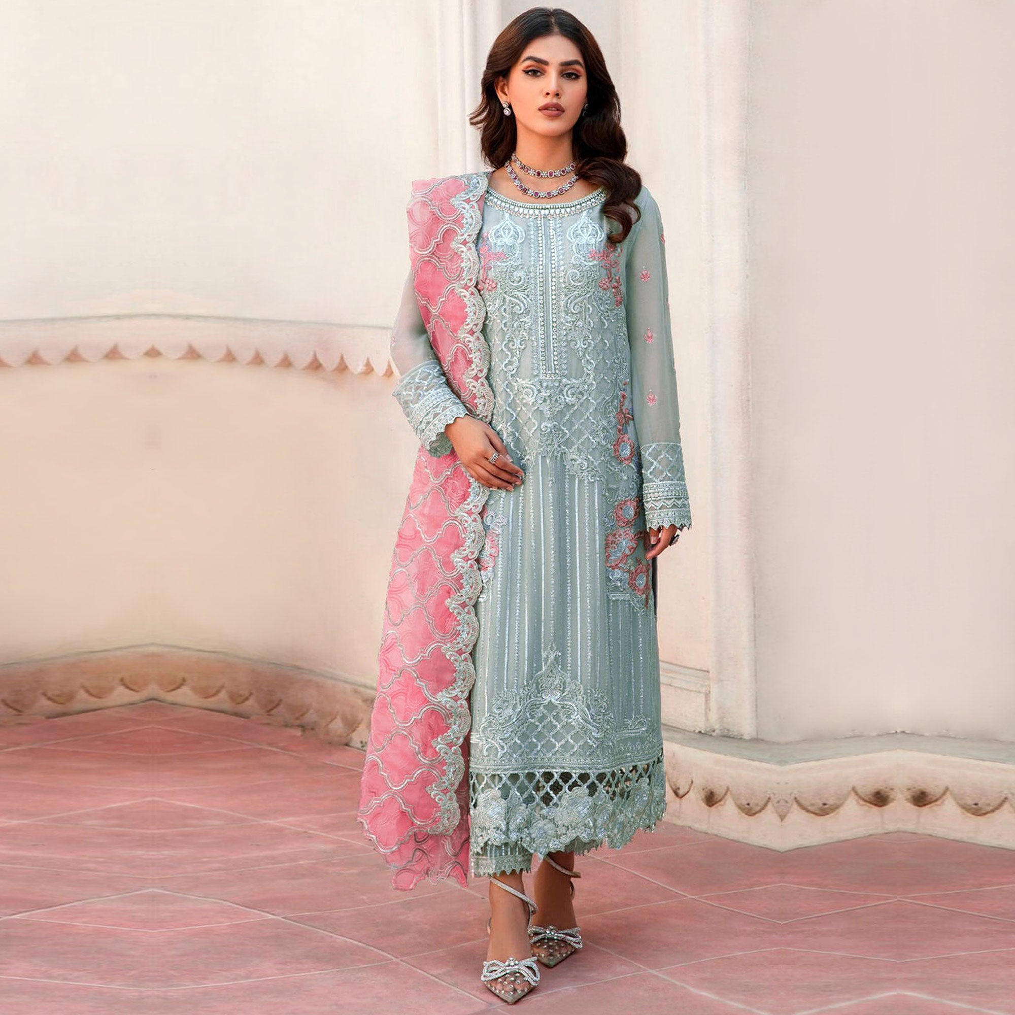 Grey Floral Embroidered Organza Semi Stitched Pakistani Suit