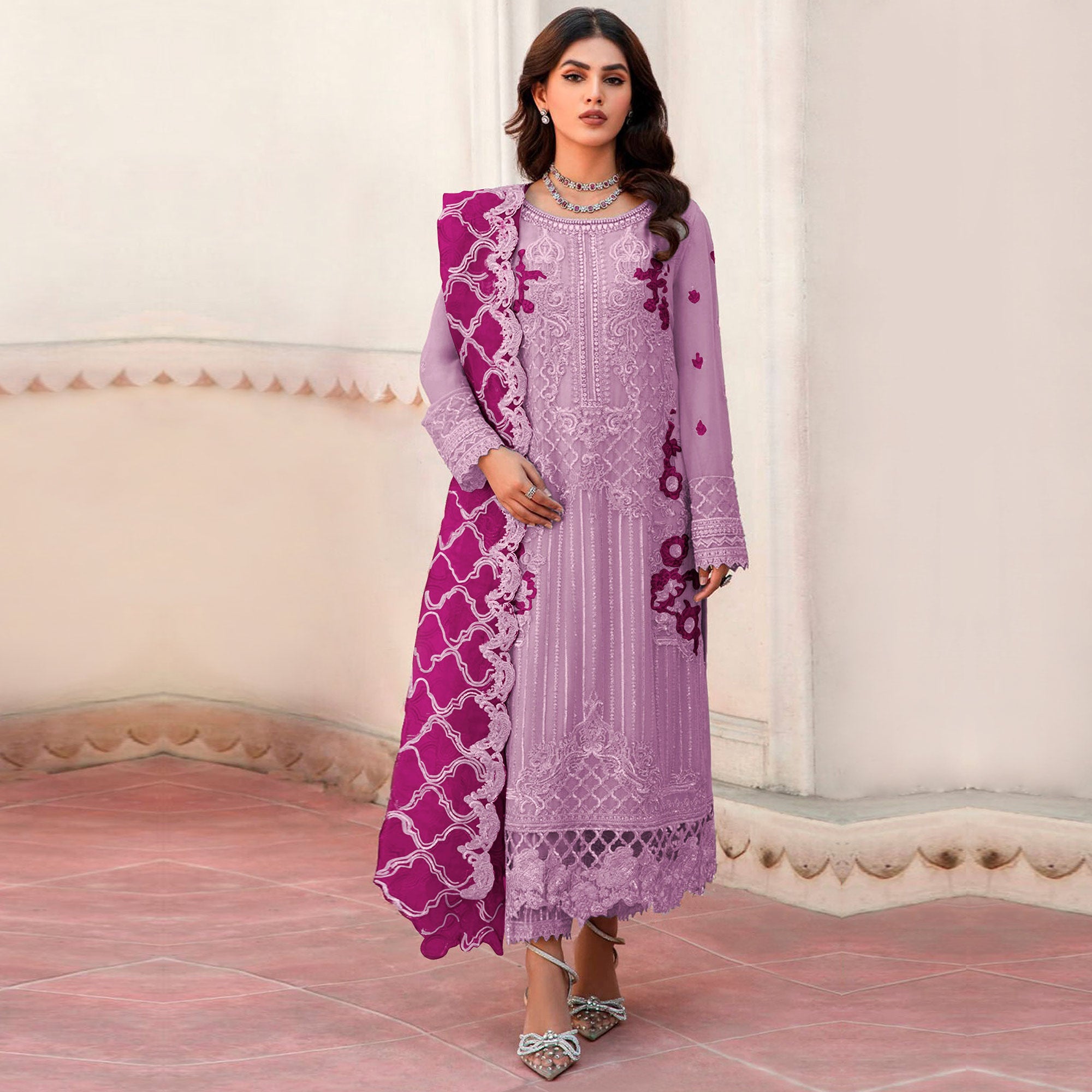 Purple Floral Embroidered Organza Semi Stitched Pakistani Suit