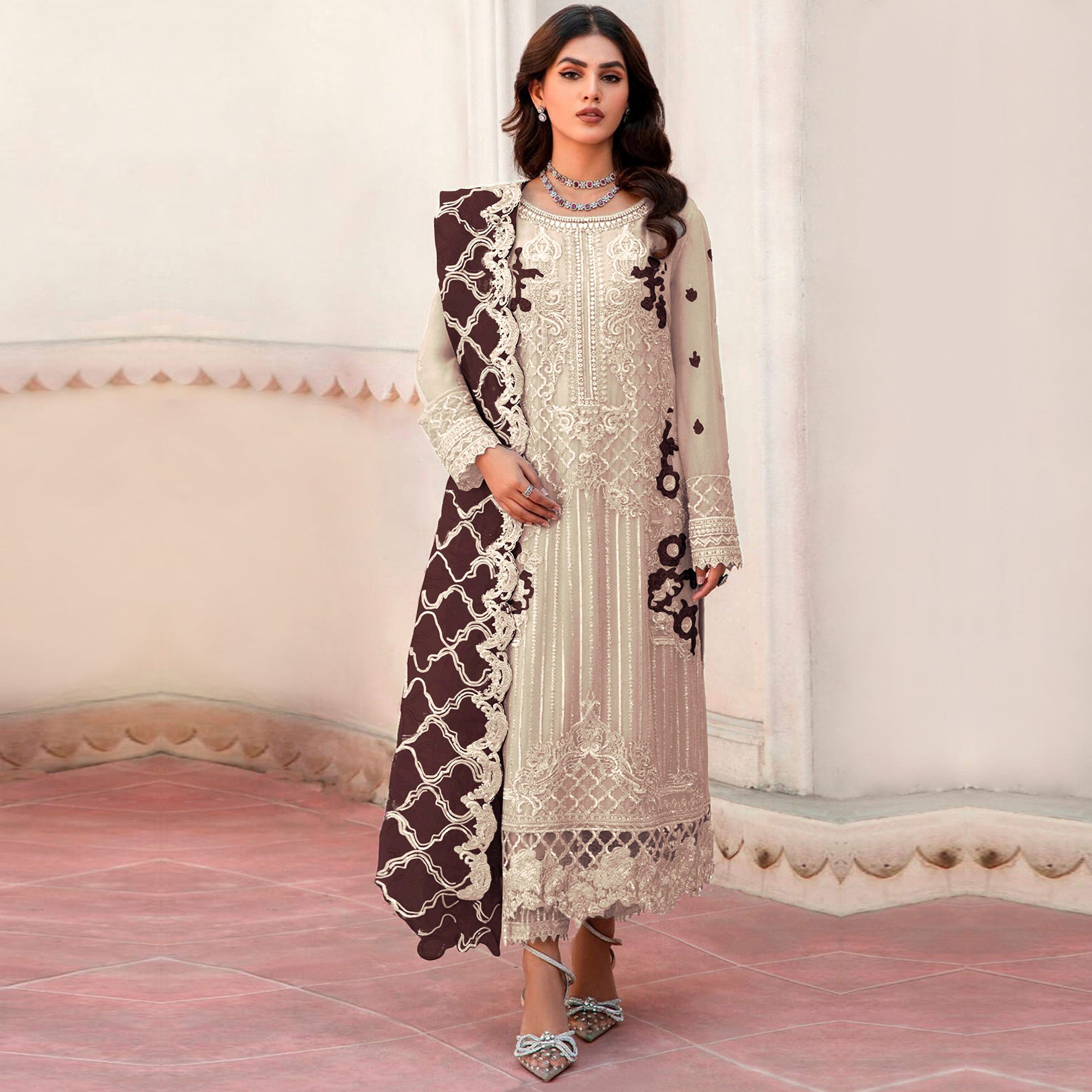 Beige Floral Embroidered Organza Semi Stitched Pakistani Suit