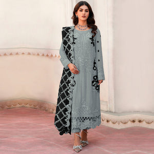 Grey Floral Embroidered Organza Semi Stitched Pakistani Suit
