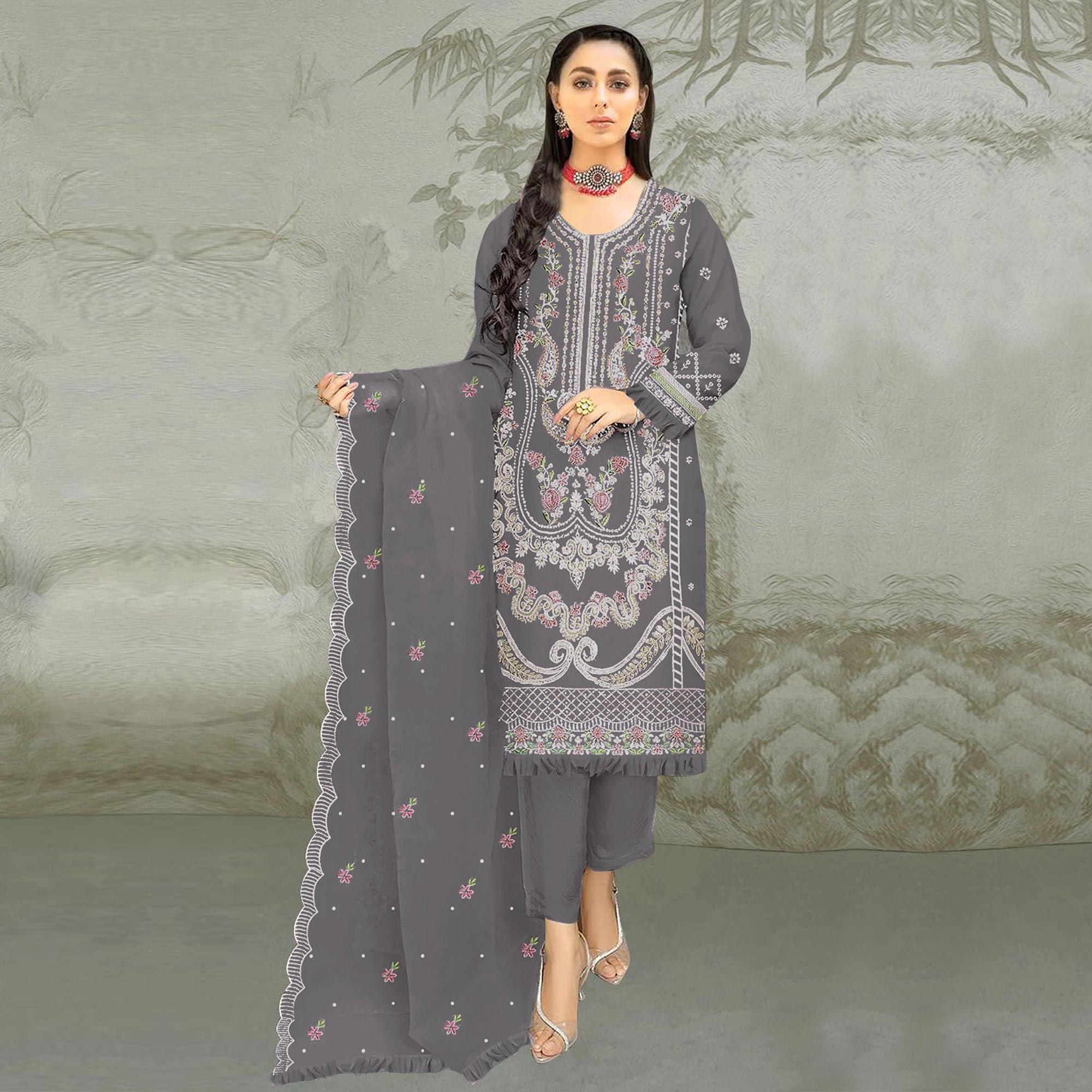 Grey Floral Embroidered Organza Semi Stitched Pakistani Suit