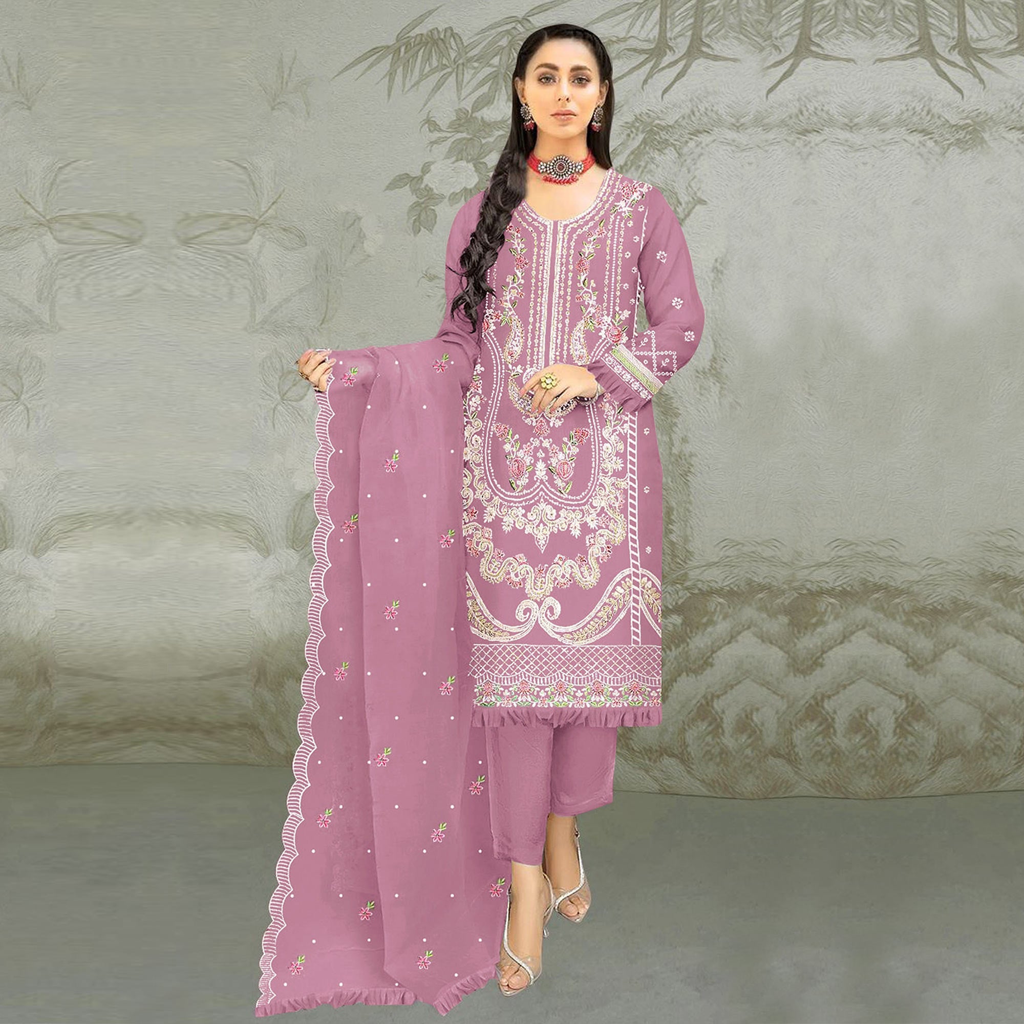 Pink Floral Embroidered Organza Semi Stitched Pakistani Suit