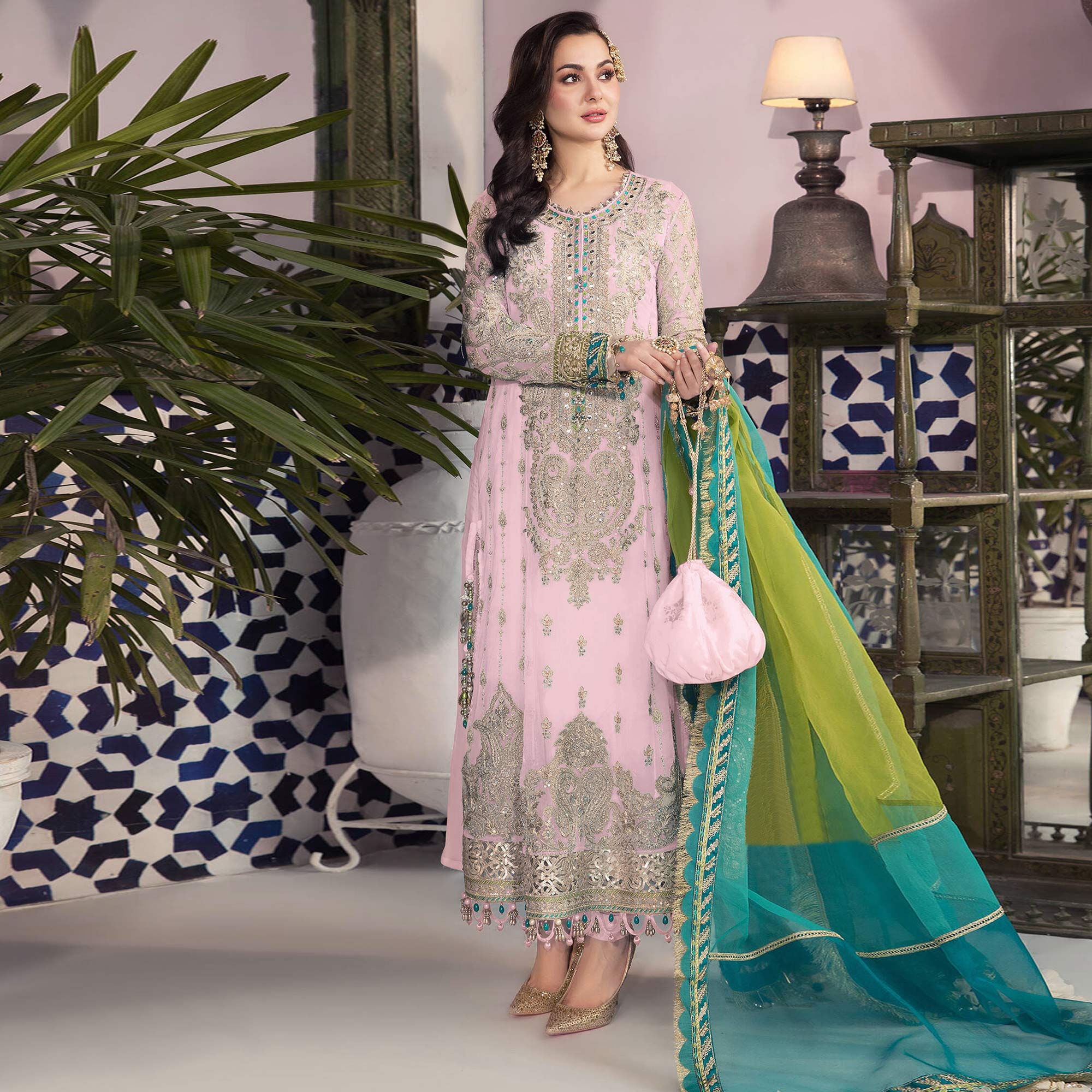 Pink Floral Embroidered Georgette Pakistani Suit
