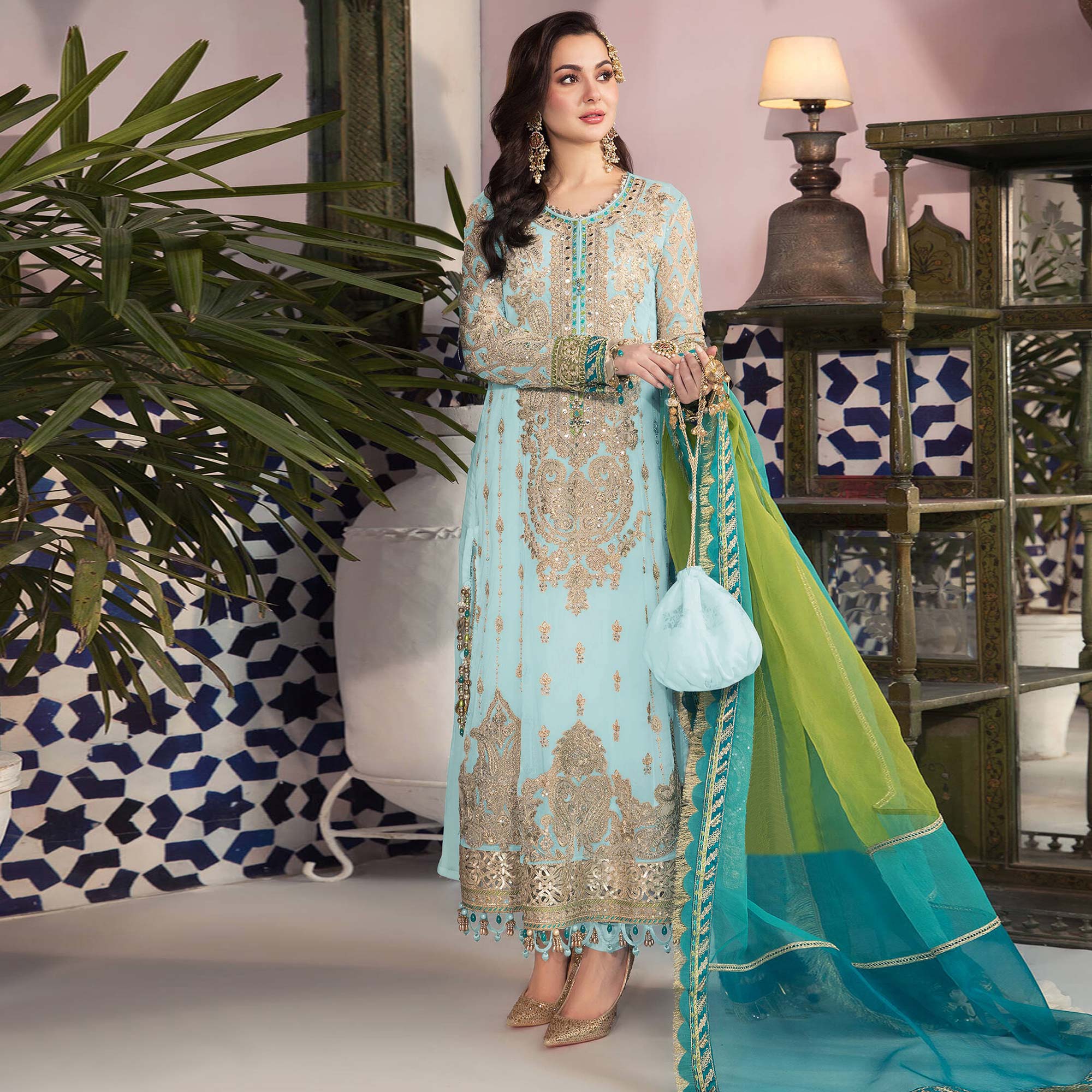 Sky Blue Floral Embroidered Georgette Pakistani Suit