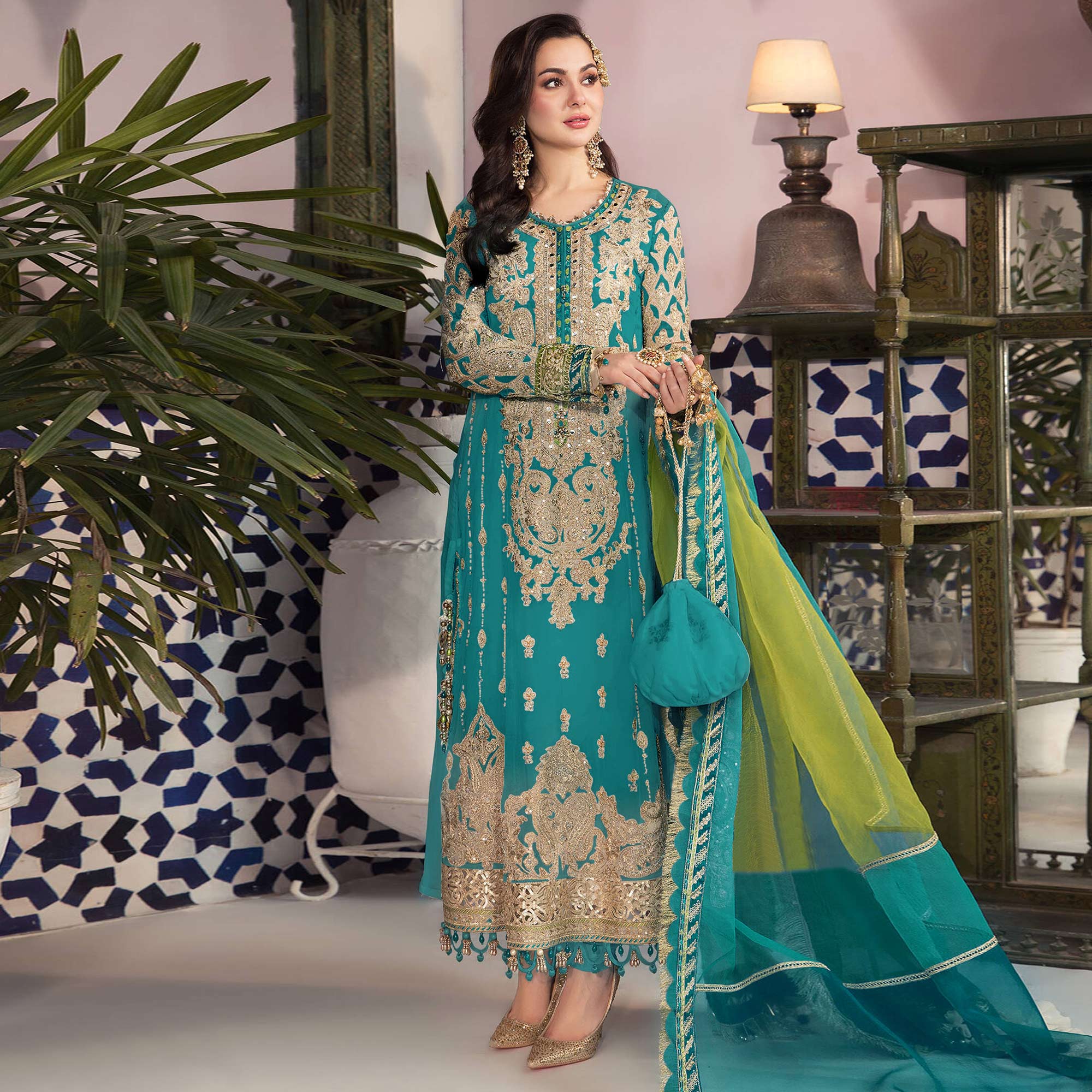 Teal Green Floral Embroidered Georgette Pakistani Suit