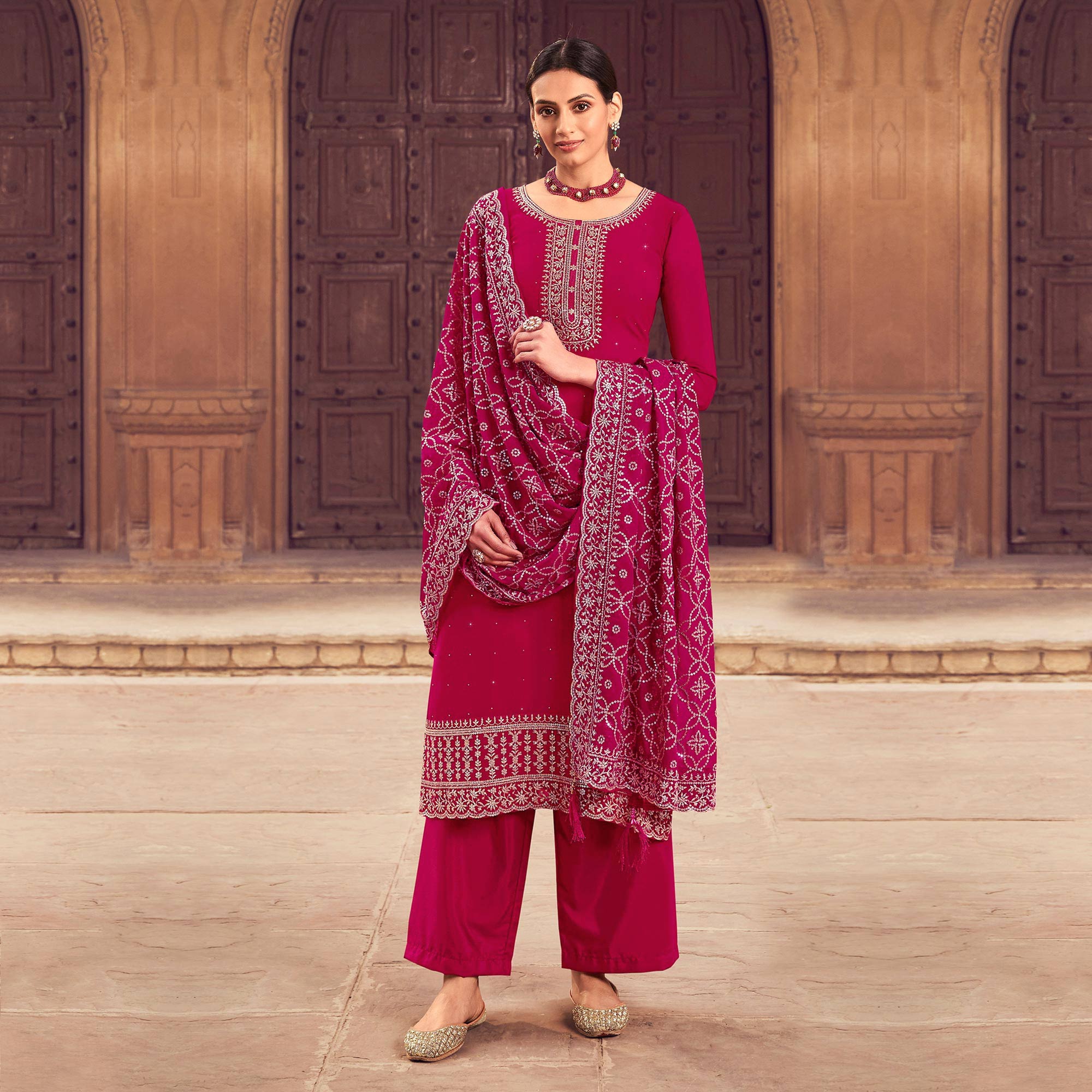 Pink Sequins Embroidered Georgette Semi Stitched Suit