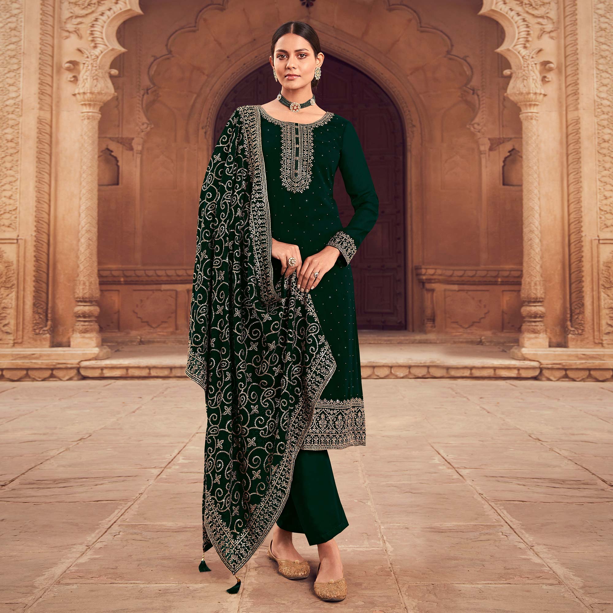 Green Sequins Embroidered Georgette Semi Stitched Suit