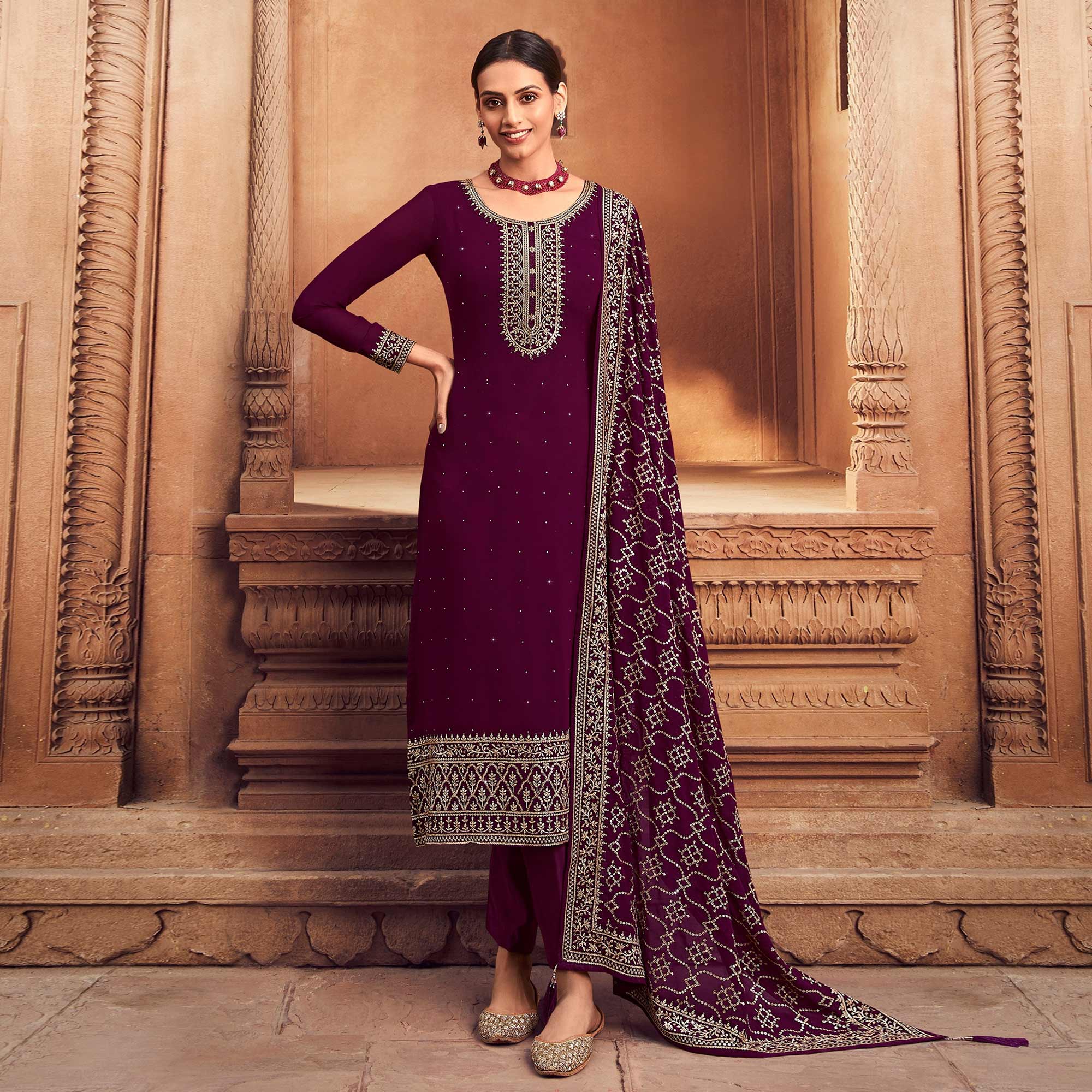 Wine Sequins Embroidered Georgette Semi Stitched Suit