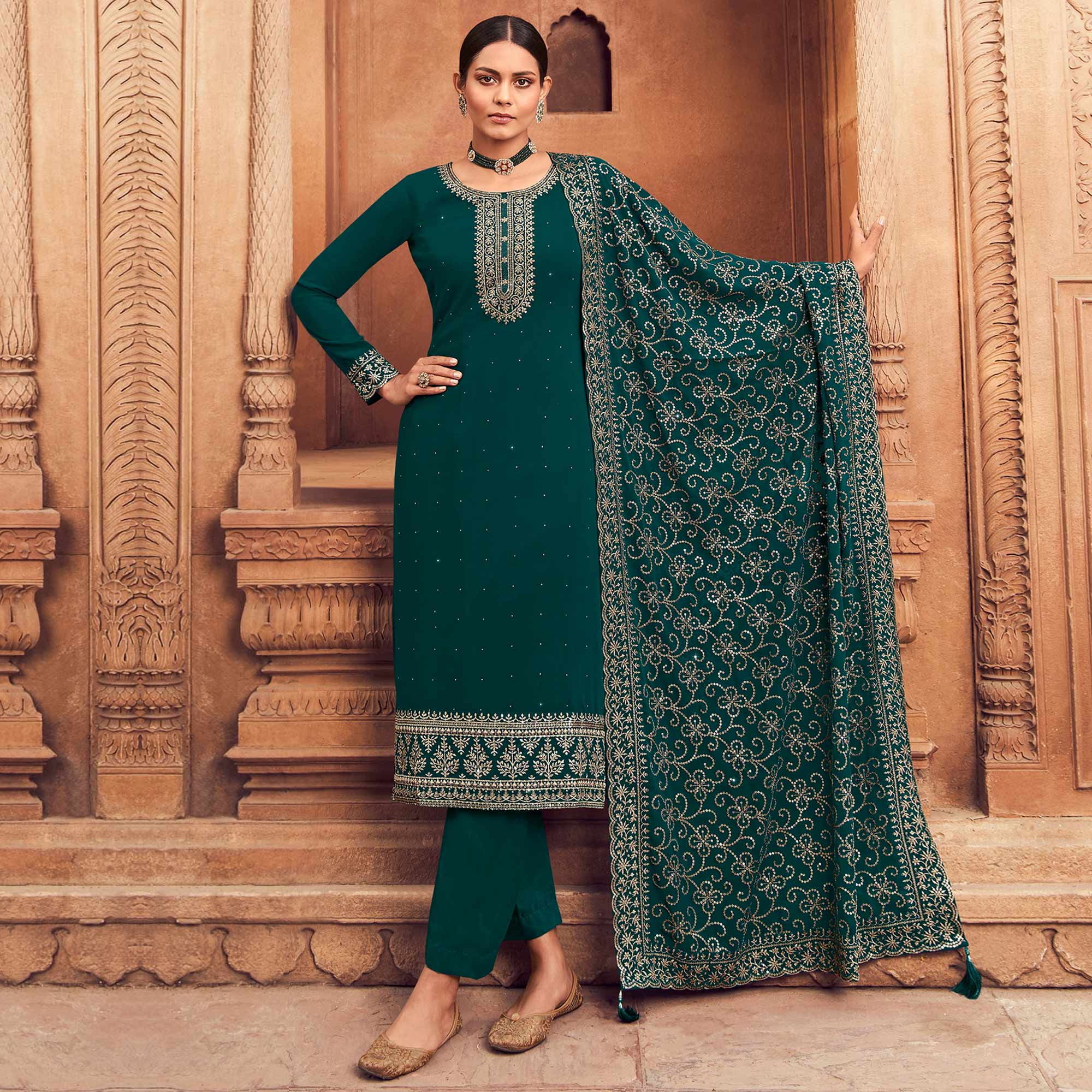 Rama Green Sequins Embroidered Georgette Semi Stitched Suit