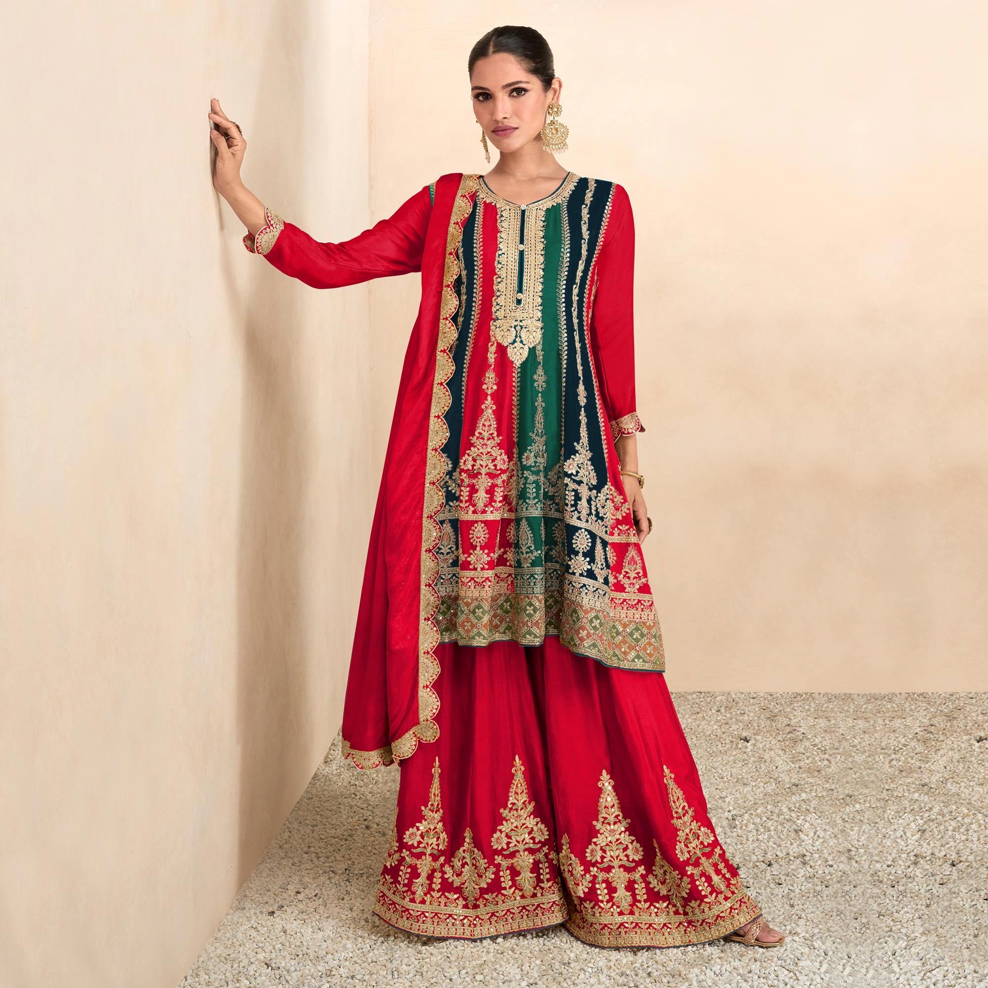 Rani Pink Sequins Embroidered Chinon Semi Stitched Sharara Suit