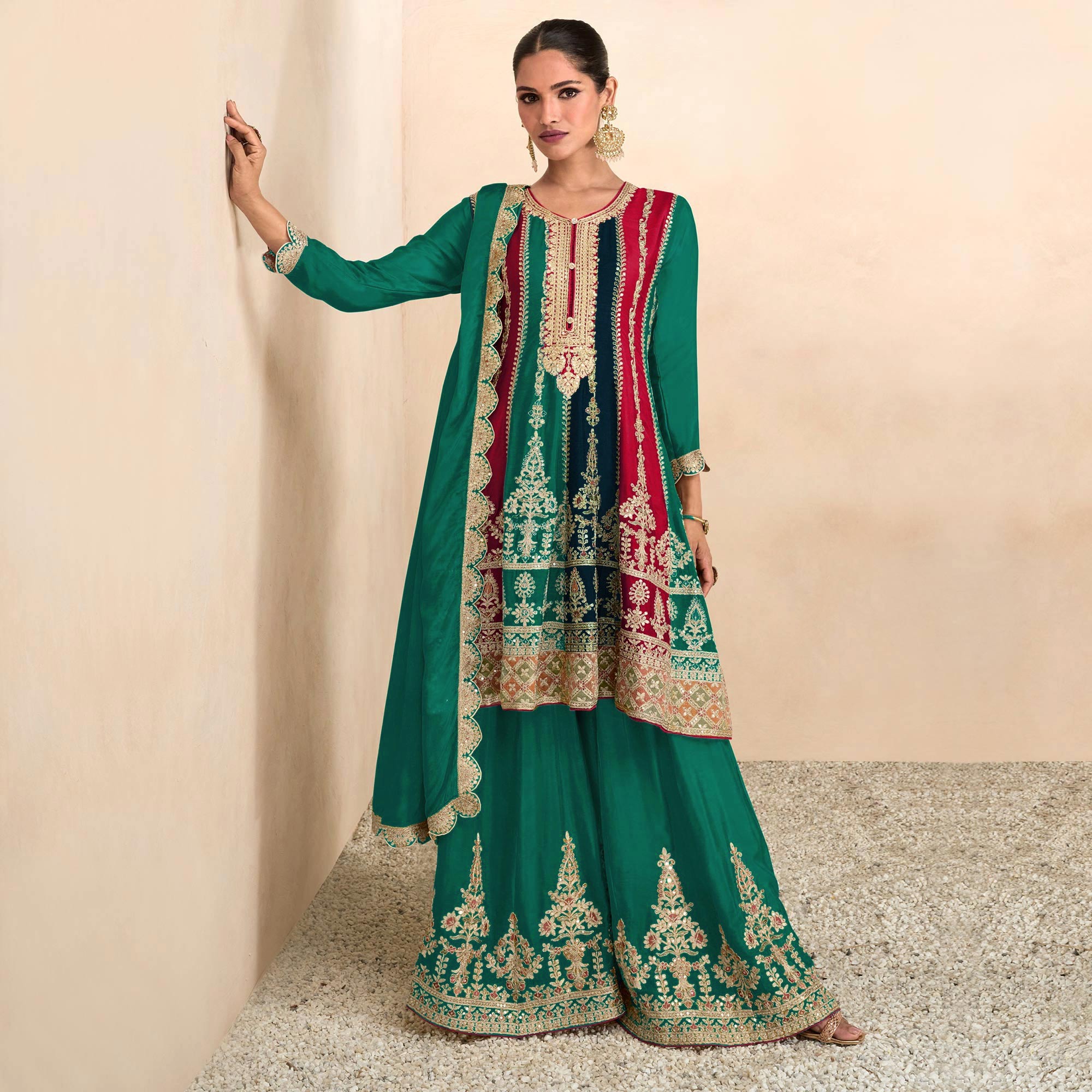 Rama Green Sequins Embroidered Chinon Semi Stitched Sharara Suit