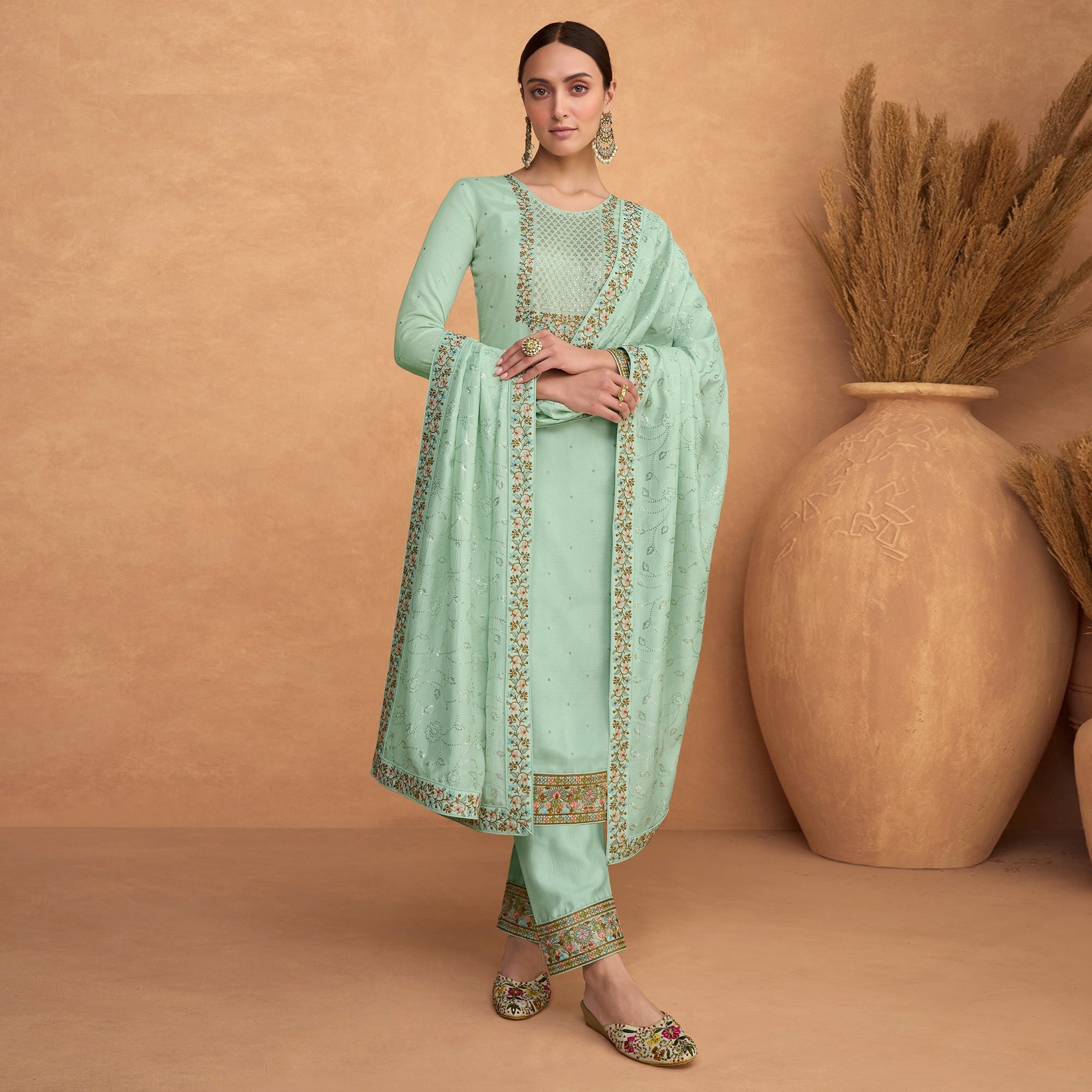 Sea Green Sequins Embroidered Pure Silk Semi Stitched Suit